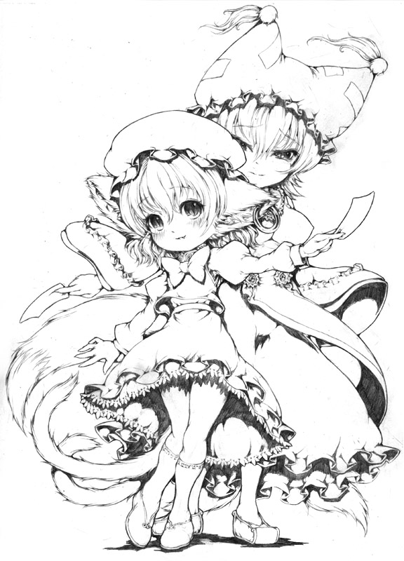 katzeh, chen, yakumo ran, touhou, 2girls, animal ears, cat ears, cat girl, cat tail, dress, earrings, fang, female focus, fox ears, fox tail, greyscale, hat, jewelry, monochrome, multiple girls, slit pupils, tail, white background