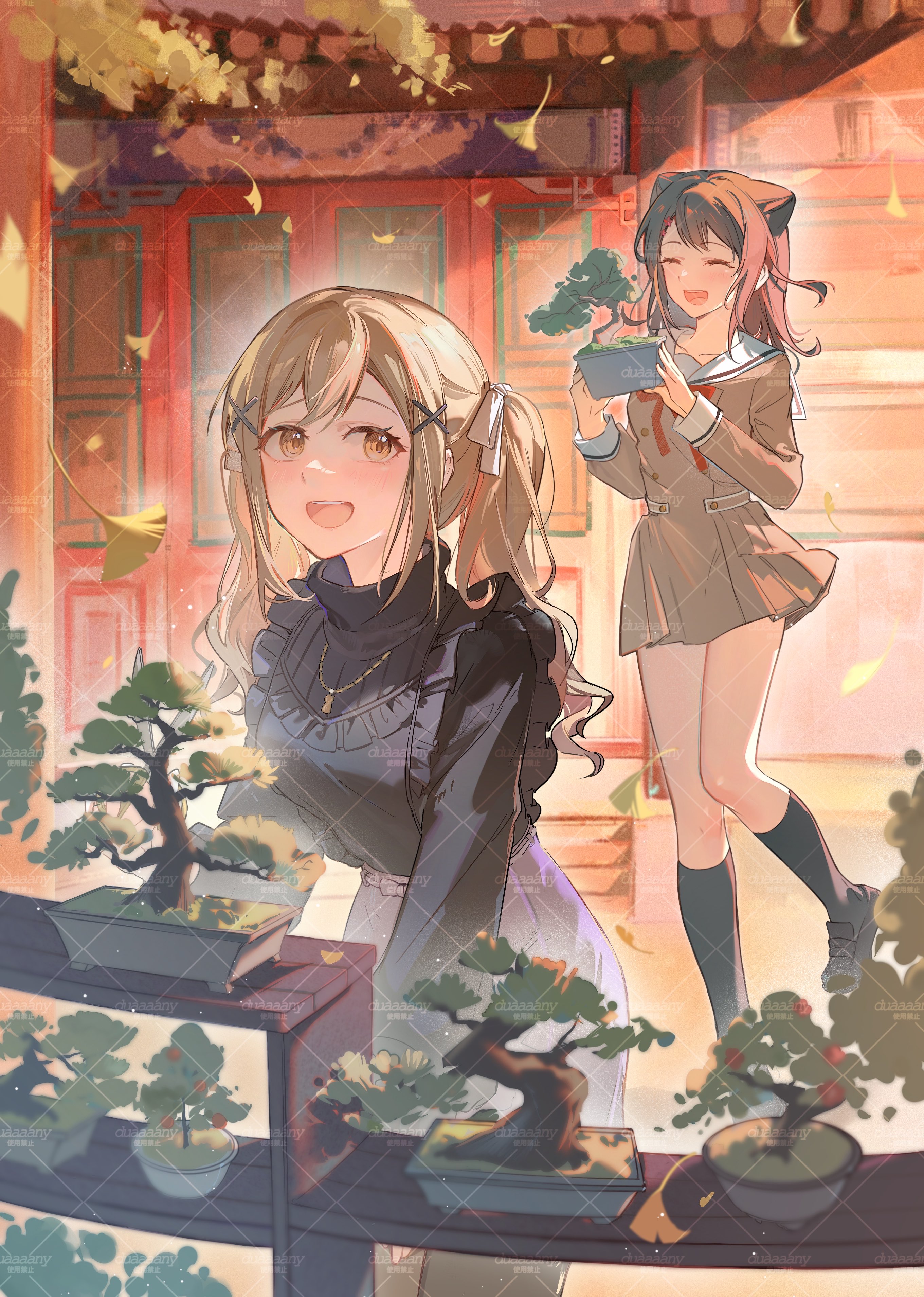 duany, ichigaya arisa, toyama kasumi, bang dream!, absurdres, highres, 2girls, black shirt, black socks, blonde hair, brown dress, brown hair, closed eyes, dress, falling leaves, frills, hair ornament, hanasakigawa school uniform, holding, jewelry, kneehighs, leaf, long hair, long sleeves, multiple girls, necklace, open mouth, red ribbon, ribbon, sailor collar, school uniform, shirt, shoes, sidelocks, skirt, smile, socks, turtleneck, twintails, watermark, white sailor collar, x hair ornament