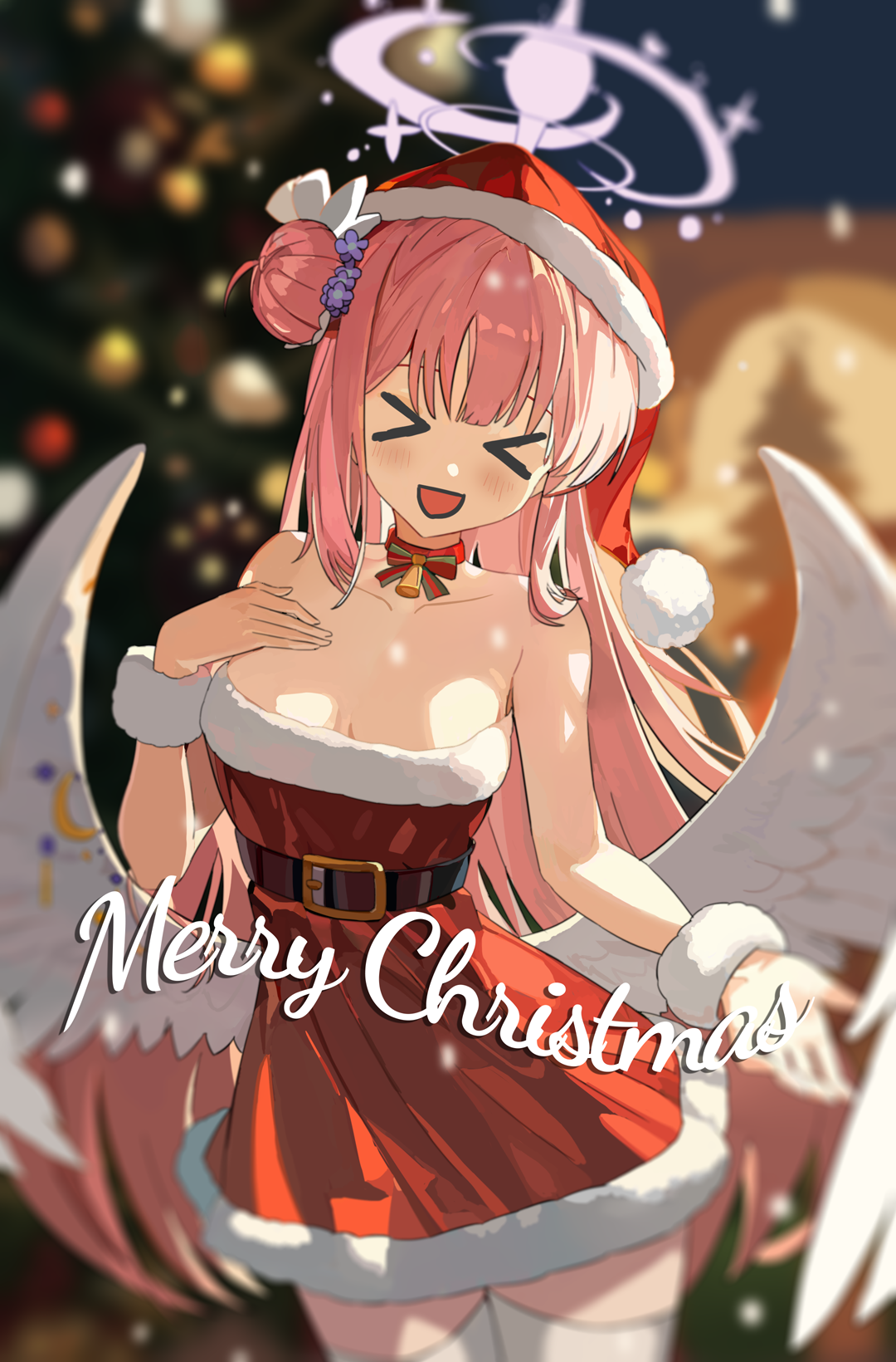 ankry, mika (blue archive), blue archive, chinese commentary, commentary request, highres, > <, 1girl, :d, alternate costume, bare shoulders, bell, belt, black belt, blunt bangs, blurry, blurry background, blush, breast suppress, breasts, choker, christmas, christmas tree, collarbone, cowboy shot, dress, eyebrows hidden by hair, facing viewer, feathered wings, flower, food-themed hat, fur-trimmed dress, fur trim, fur wrist cuffs, hair bun, hair flower, hair ornament, hair over shoulder, halo, hand up, happy, hat, long hair, low wings, medium breasts, merry christmas, neck bell, night, open mouth, outdoors, pink hair, pink halo, purple flower, red choker, red dress, red hat, santa costume, santa dress, santa hat, short dress, sidelighting, sidelocks, single side bun, smile, snowing, solo, straight hair, strapless, strapless dress, thighhighs, very long hair, white thighhighs, white wings, white wrist cuffs, wings, wrist cuffs, zettai ryouiki