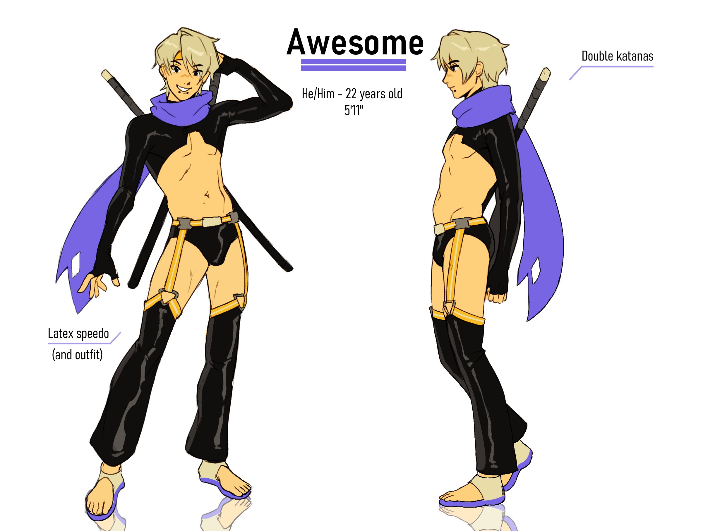 nifast (greentail), original, highres, 1boy, awesome (nifast (greentail)), belt, black shrug, character age, character name, character profile, character pronouns, full body, fur scarf, grin, height, katana, latex, male focus, male swimwear, mole, mole on stomach, navel, open-toe shoes, reference sheet, shrug (clothing), smile, snakebite (piercing), standing, swim briefs, sword, thighhighs, toes, weapon, white background