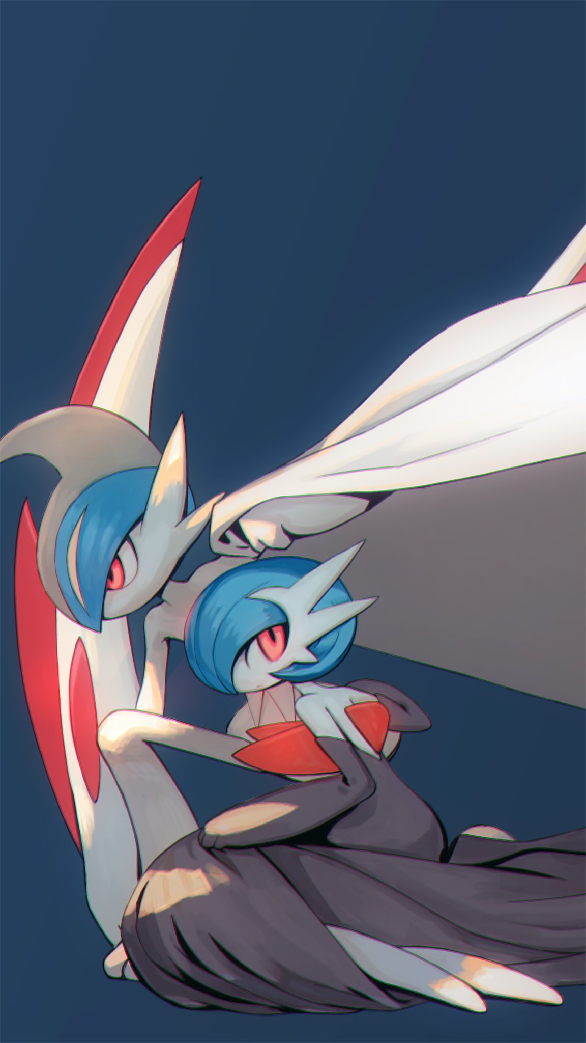 gallade, gardevoir, mega gallade, mega gardevoir, nintendo, pokemon, highres, 2others, alternate color, arm blade, blue hair, blurry, blurry background, cape, colored skin, gen 3 pokemon, gen 4 pokemon, mega pokemon, multiple others, pokemon (creature), pokemon focus, red eyes, shiny pokemon, simple background, topple33, weapon, white skin