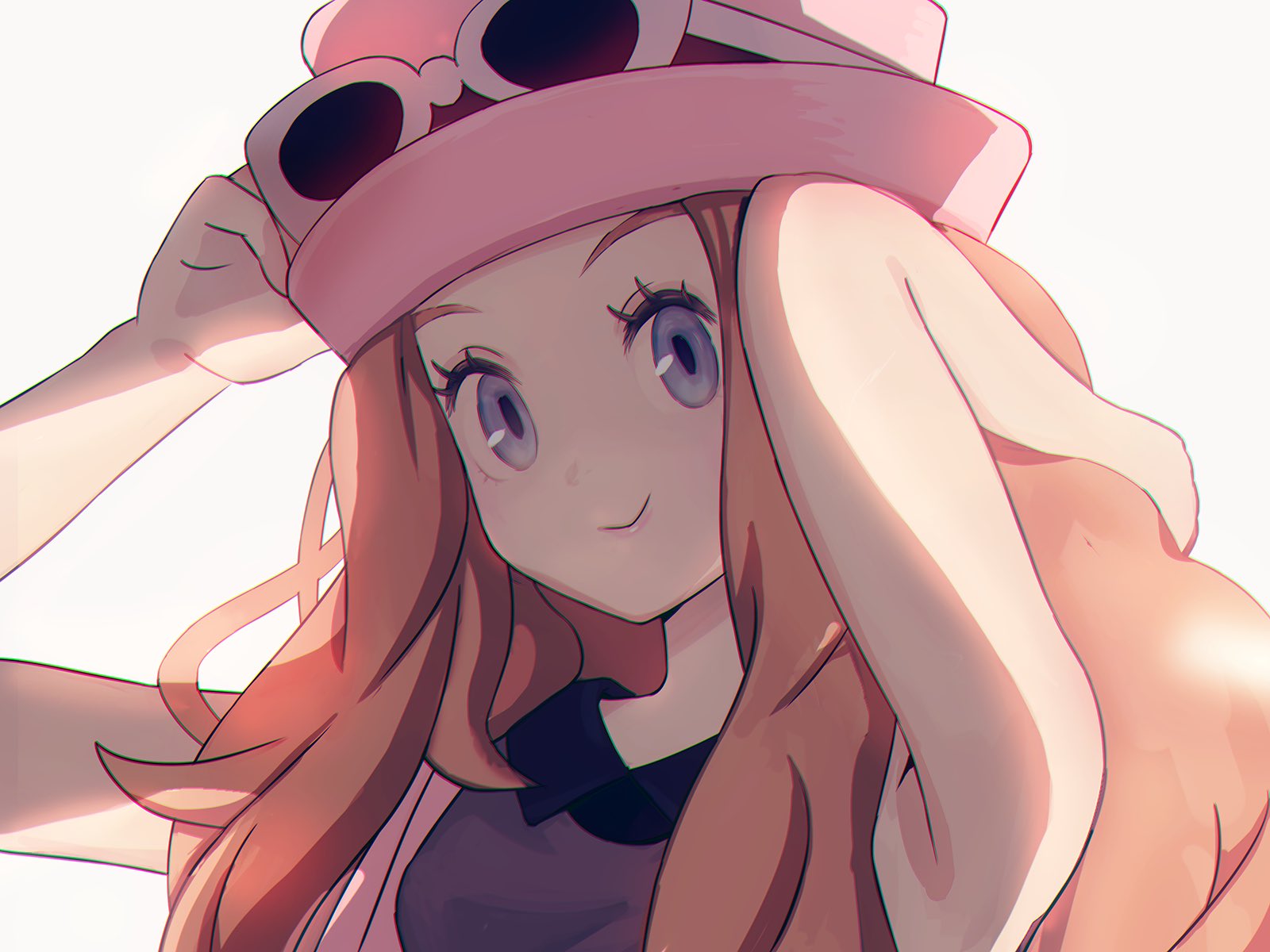 serena (pokemon), nintendo, pokemon, pokemon xy, highres, 1girl, arms up, black shirt, blonde hair, blue eyes, closed mouth, eyewear on headwear, hat, long hair, looking at viewer, pink hat, shirt, simple background, sleeveless, sleeveless shirt, smile, solo, sunglasses, topple33, upper body, white-framed eyewear
