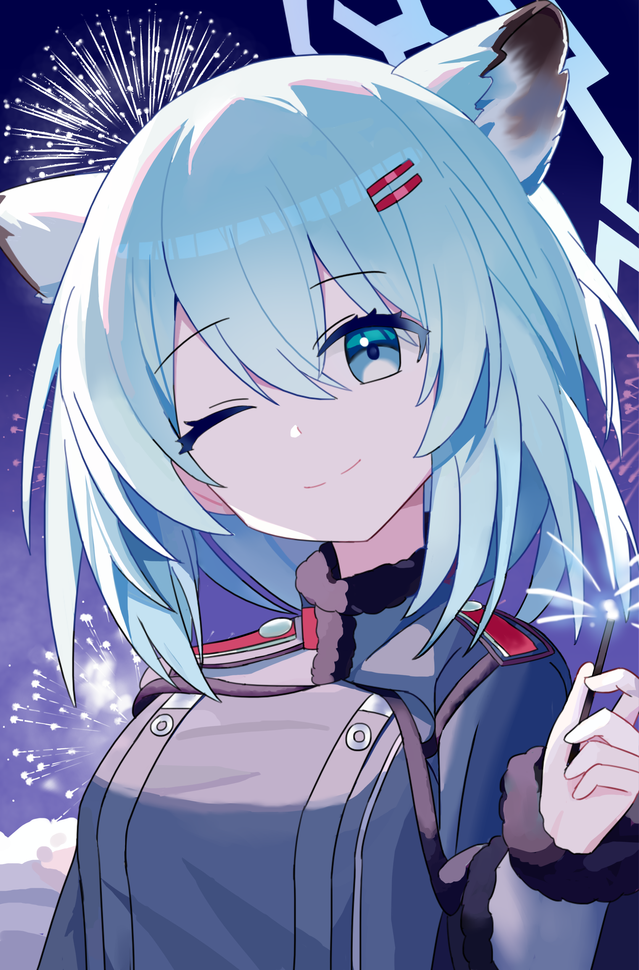 ankry, shigure (blue archive), blue archive, absurdres, chinese commentary, commentary request, highres, 1girl, ;), aerial fireworks, alternate eye color, animal ear fluff, animal ears, backlighting, closed mouth, coat, eyelashes, eyes visible through hair, fireworks, fur-trimmed sleeves, fur trim, green hair, grey coat, grey eyes, hair between eyes, hair ornament, hairclip, halo, hand up, holding, holding fireworks, long sleeves, looking at viewer, medium hair, new year, night, no headwear, one eye closed, outdoors, parallel hairclips, smile, solo, split mouth, upper body, weasel ears, weasel girl