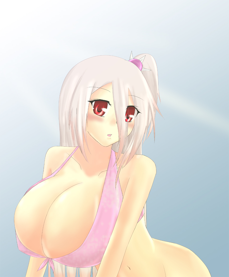 otogi (s in w), bad id, bad pixiv id, bare shoulders, bikini, blush, breasts, cleavage, front-tie top, huge breasts, long hair, pink bikini, red eyes, solo, swimsuit, white hair