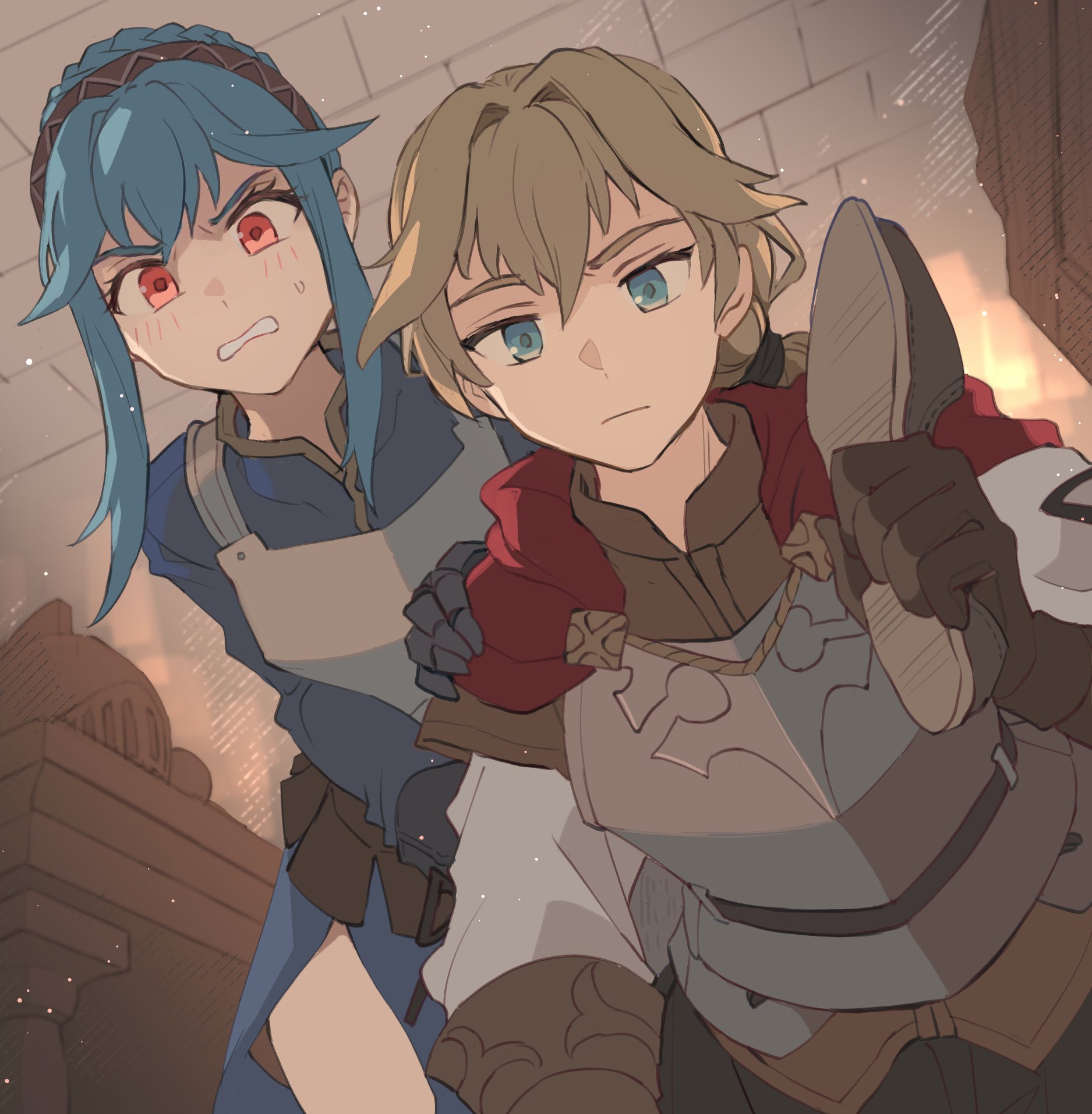 noshima, gilbert (unicorn overlord), virginia (unicorn overlord), unicorn overlord, hashtag-only commentary, highres, 1boy, 1girl, armor, blonde hair, blue eyes, blue hair, blush, braid, breastplate, ceiling, hair between eyes, hair bun, hairband, holding, holding shoes, holding unworn clothes, indoors, long hair, looking at viewer, open mouth, red eyes, shoes, tile ceiling, tiles, unworn shoes