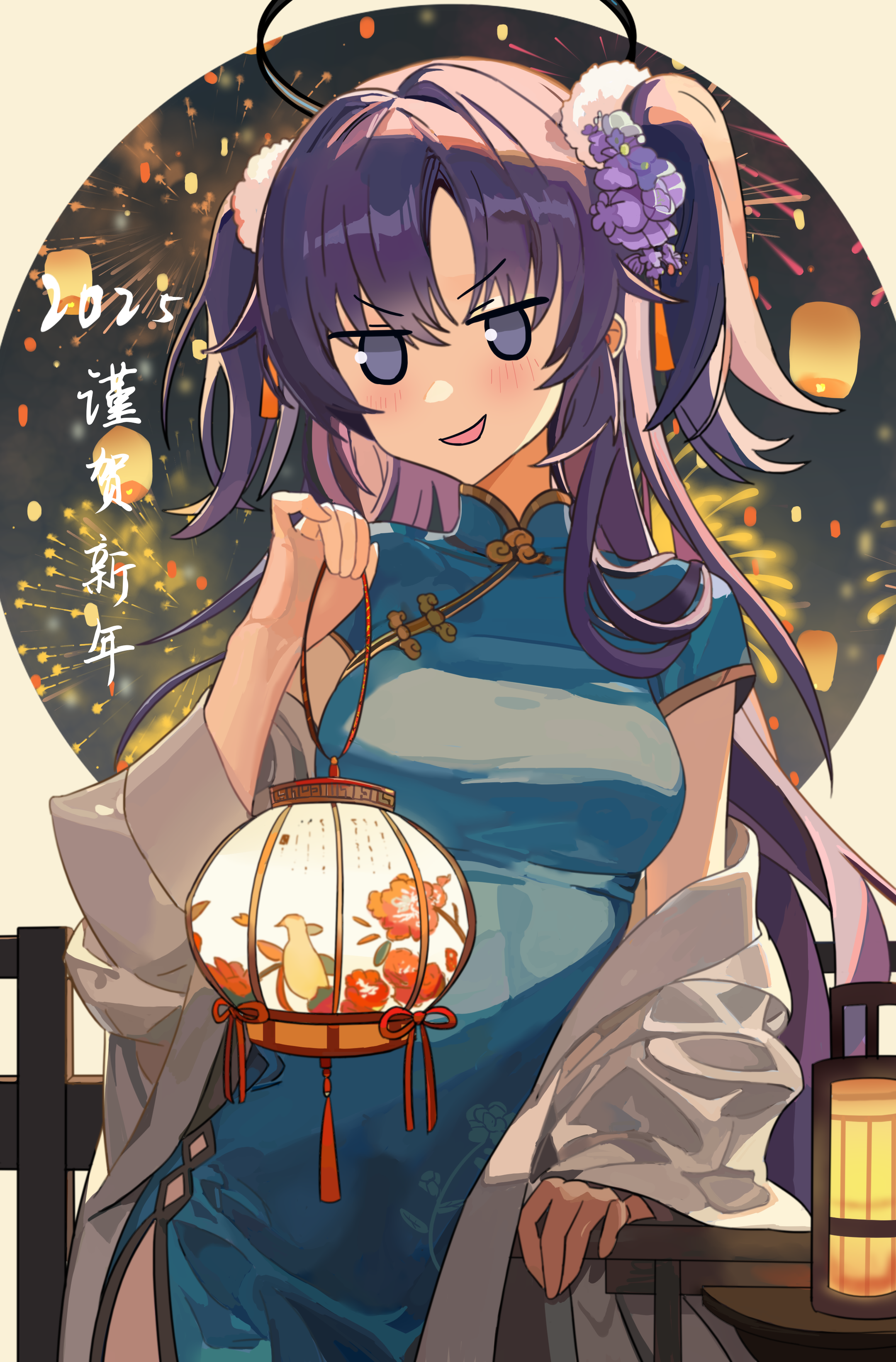 ankry, yuuka (blue archive), blue archive, absurdres, chinese commentary, commentary request, highres, 1girl, 2025, aerial fireworks, alternate costume, backlighting, black halo, blue dress, blue eyes, blush, breasts, china dress, chinese clothes, cowboy shot, dated, dress, eyes visible through hair, fireworks, floral print, floral print dress, flower, hair between eyes, hair flower, hair intakes, hair ornament, hair over shoulder, halo, hand up, happy new year, holding, holding lantern, jacket, jacket partially removed, jitome, lantern, large breasts, long hair, looking at viewer, mechanical halo, new year, open clothes, open jacket, open mouth, pelvic curtain, pinky out, pom pom (clothes), pom pom hair ornament, print dress, purple flower, purple hair, short sleeves, smirk, solo, two side up, v-shaped eyebrows, very long hair, white jacket