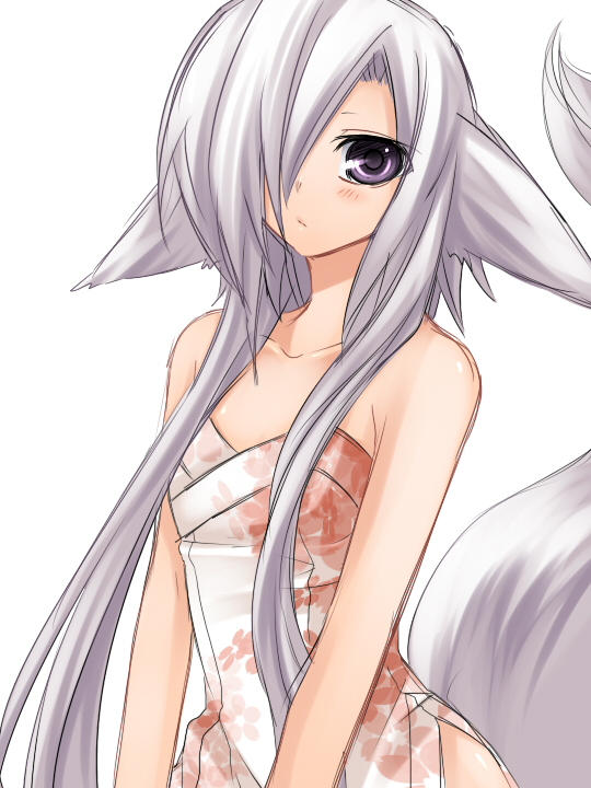 konshin, aika (konshin), inari, original, bad id, bad pixiv id, 1girl, animal ears, bare shoulders, blush, female focus, floral print, fox ears, fox tail, hair over one eye, japanese clothes, long hair, looking at viewer, purple eyes, short hair with long locks, solo, straight hair, tail, very long hair, white eyes, white hair