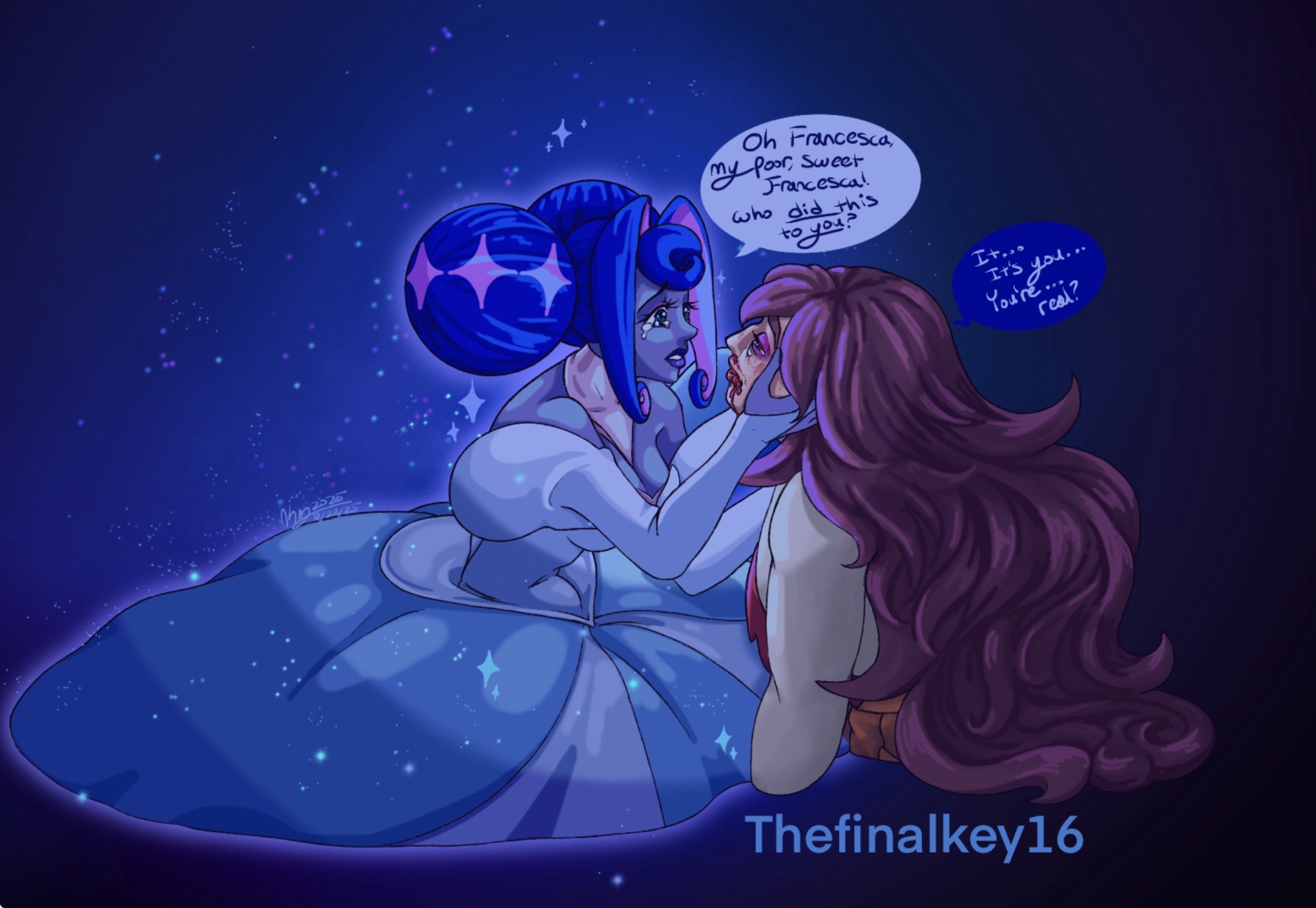 francesca (knights of guinevere), princess guinevere, knights of guinevere, highres, 2girls, bare shoulders, blue eyes, blue hair, breasts, brown hair, colored skin, double bun, dress, grey skin, hair bun, hair intakes, long hair, looking at viewer, moonlightkitkat, multiple girls, smile, white dress