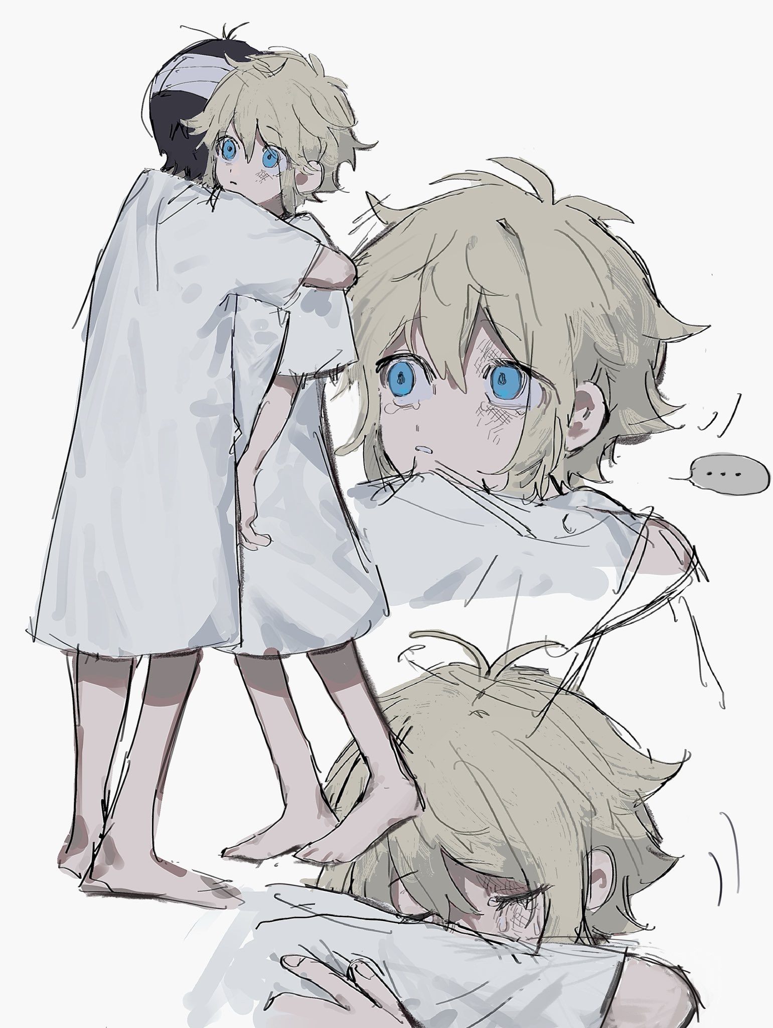 hinshi hp0, basil (faraway) (omori), basil (omori), sunny (omori), omori, highres, spoilers, …, 2boys, antenna hair, bandaged head, bandages, barefoot, black hair, blonde hair, blue eyes, closed mouth, crying, double-parted bangs, hair between eyes, hospital gown, hug, multiple boys, parted lips, short hair, sidelocks, simple background, speech bubble, spoken ellipsis, white background