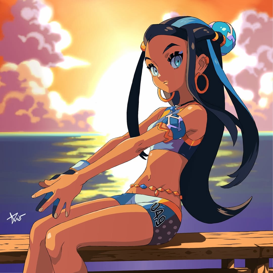 rio chico art, nessa (pokemon), nintendo, pokemon, pokemon swsh, 1girl, bare shoulders, black hair, blue eyes, blue hair, crop top, dark-skinned female, dark skin, earrings, gloves, jewelry, looking at viewer, midriff, shorts, single glove, sitting, sleeveless, sunset, swimsuit