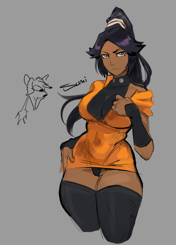 sumamiarts, shihouin yoruichi, bleach, bleach: sennen kessen-hen, 1girl, artist name, black leotard, black thighhighs, breasts, closed mouth, dark-skinned female, dark skin, grey background, hair ornament, large breasts, legs together, leotard, leotard under clothes, long hair, parted bangs, ponytail, purple hair, simple background, thighhighs, thighs, yellow eyes