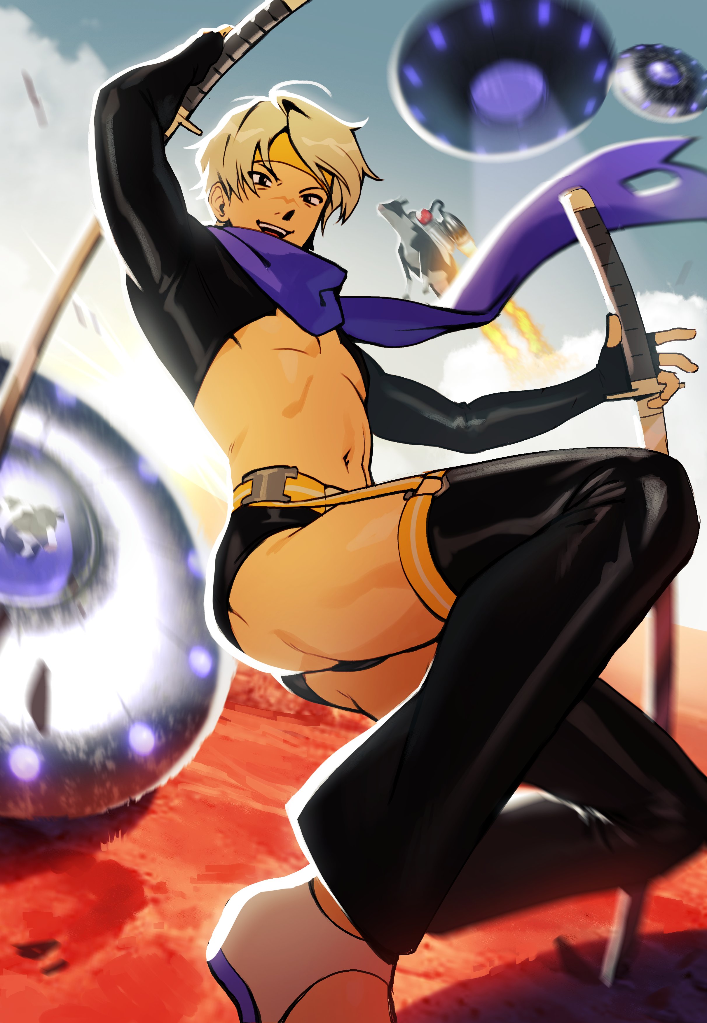 nifast (greentail), original, absurdres, highres, 1boy, awesome (nifast (greentail)), black shrug, headband, katana, looking at viewer, male focus, male swimwear, navel, open-toe shoes, pectorals, purple scarf, scarf, shrug (clothing), smile, solo, swim briefs, sword, thighhighs, underpec, weapon, yellow headband