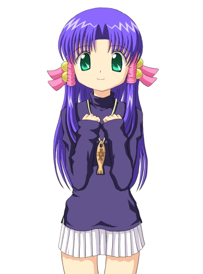 nikumaro, aoba kozue, mahoraba, 00s, 1girl, bell, blue hair, bow, female focus, green eyes, hair ribbon, hair tubes, long hair, pink bow, ribbon, skirt, solo, turtleneck