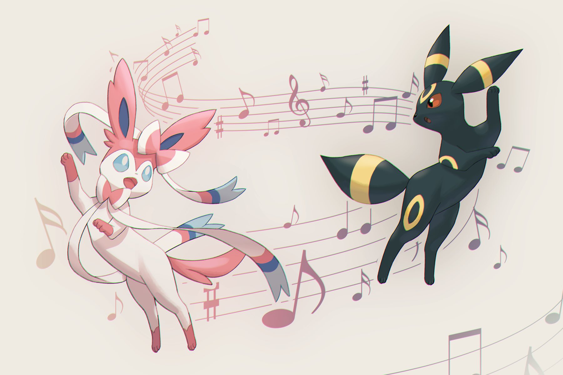 sylveon, umbreon, nintendo, pokemon, highres, animal focus, black fur, blue eyes, blue sclera, blush, bow, colored sclera, full body, gen 2 pokemon, gen 6 pokemon, musical note, musical staff, no humans, open mouth, pink fur, pokemon (creature), pokemon focus, red eyes, red sclera, smile, tail, topple33, two-tone fur, white fur