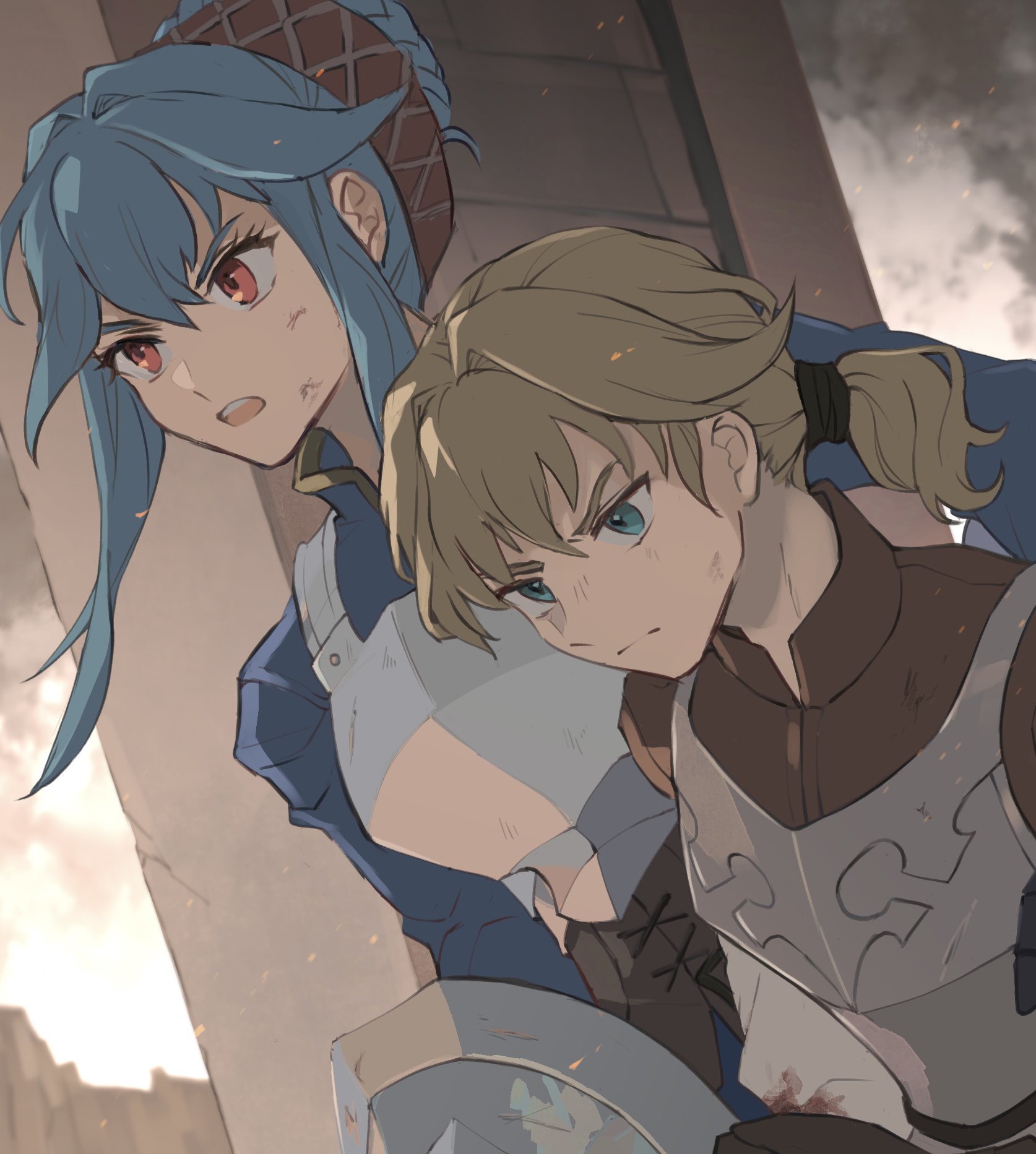 noshima, gilbert (unicorn overlord), virginia (unicorn overlord), unicorn overlord, hashtag-only commentary, highres, 1boy, 1girl, armor, blonde hair, blood, blood stain, blue eyes, blue hair, braid, breastplate, cloud, hair between eyes, hair bun, hairband, long hair, looking ahead, open mouth, pillar, red eyes, scratches, teeth, upper teeth only