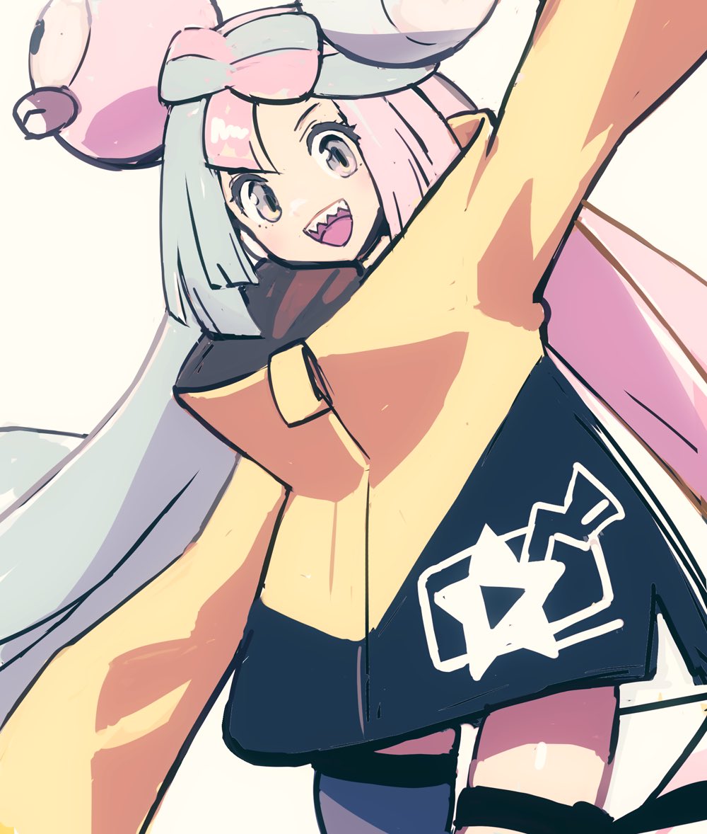 iono (pokemon), nintendo, pokemon, pokemon sv, 1girl, blue hair, blush, bow-shaped hair, breasts, character hair ornament, fake hair bun, grey eyes, grey pantyhose, hair ornament, jacket, long hair, long sleeves, looking at viewer, multicolored hair, open mouth, oversized clothes, pantyhose, pink hair, sharp teeth, shirt, simple background, single leg pantyhose, sleeves past fingers, sleeves past wrists, smile, solo, split-color hair, teeth, topple33, two-tone hair, upper teeth only, very long sleeves, waving, yellow jacket
