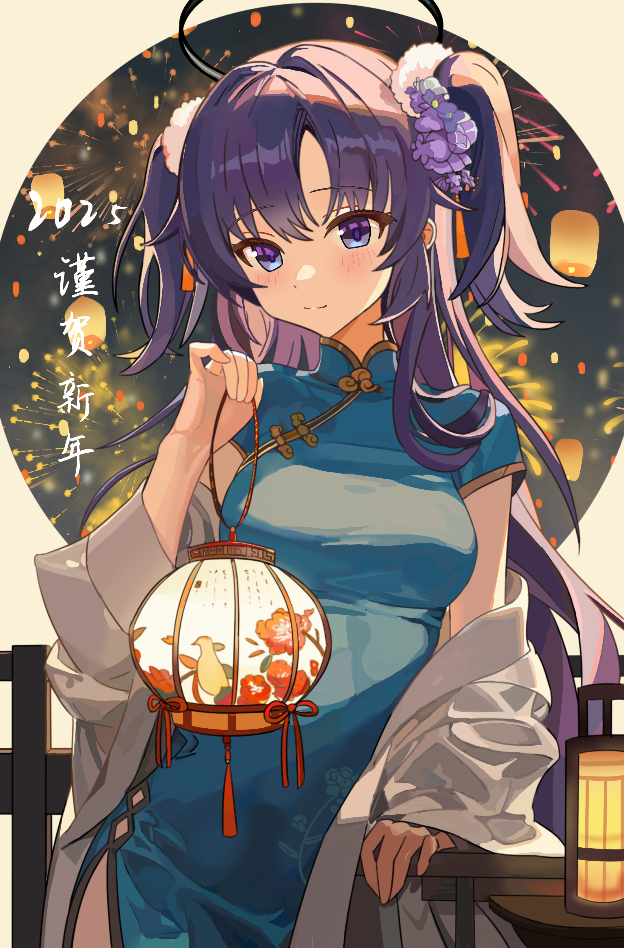 ankry, yuuka (blue archive), blue archive, absurdres, chinese commentary, commentary request, highres, 1girl, 2025, aerial fireworks, alternate costume, backlighting, black halo, blue dress, blue eyes, blush, breasts, china dress, chinese clothes, closed mouth, cowboy shot, dated, dress, eyes visible through hair, fireworks, floral print, floral print dress, flower, hair between eyes, hair flower, hair intakes, hair ornament, hair over shoulder, halo, hand up, happy new year, holding, holding lantern, jacket, jacket partially removed, lantern, large breasts, long hair, looking at viewer, mechanical halo, multicolored eyes, new year, open clothes, open jacket, pelvic curtain, pinky out, pom pom (clothes), pom pom hair ornament, print dress, purple eyes, purple flower, purple hair, short sleeves, smile, solo, split mouth, two-tone eyes, two side up, very long hair, white jacket