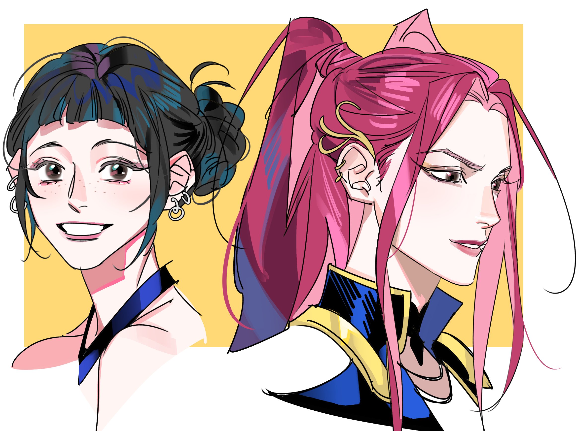 karmaho, mira (kpop demon hunters), zoey (kpop demon hunters), kpop demon hunters, highres, korean commentary, 2girls, bare shoulders, black hair, blunt bangs, collarbone, detached collar, earrings, from side, hair bun, hair ornament, hair up, happy, head only, jewelry, long hair, looking at viewer, multiple girls, necklace, orange background, parted bangs, parted lips, red hair, red lips, short bangs, smile, teeth, twintails