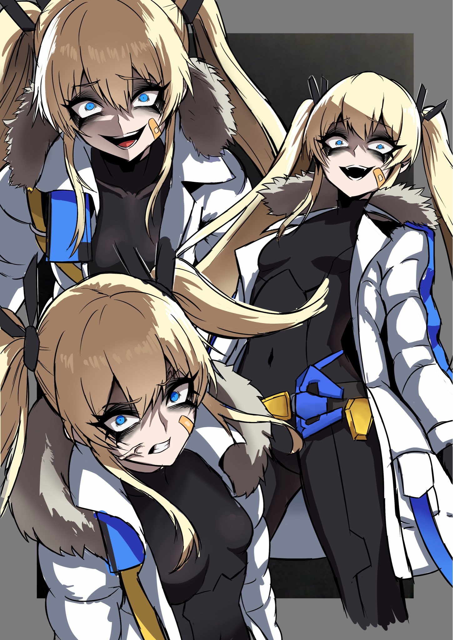 nagainegi, laplace (nikke), goddess of victory: nikke, highres, 1girl, armored bodysuit, armored gloves, armored leotard, bandaid, bandaid on cheek, bandaid on face, black bodysuit, blonde hair, blue eyes, bodysuit, breasts, coat, fang, gloves, leotard, long hair, looking at viewer, open mouth, sidelocks, smile, sports bra, twintails, two-tone gloves, white coat, white sports bra