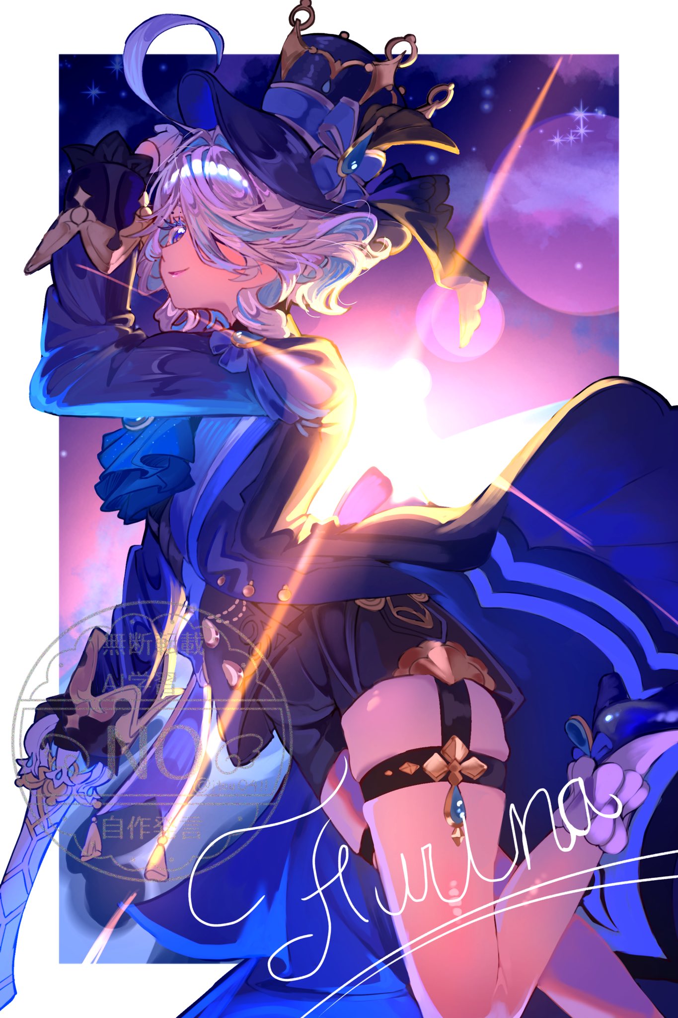 itou0411, furina (genshin impact), genshin impact, 1girl, blue hair, hair over one eye, hat, long sleeves, solo, thigh strap, white hair