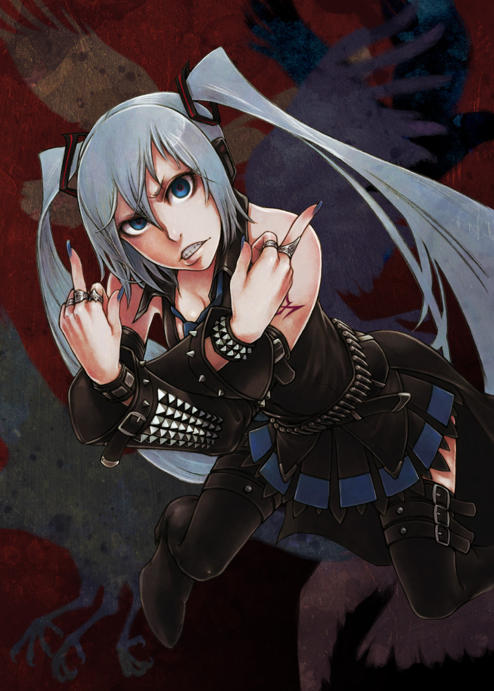 hanji (hansi), hagane miku, hatsune miku, hagane vocaloid, vocaloid, silver hair, blue eyes, detached sleeves, lips, middle finger, skirt, solo, spikes, thighhighs, twintails, zettai ryouiki