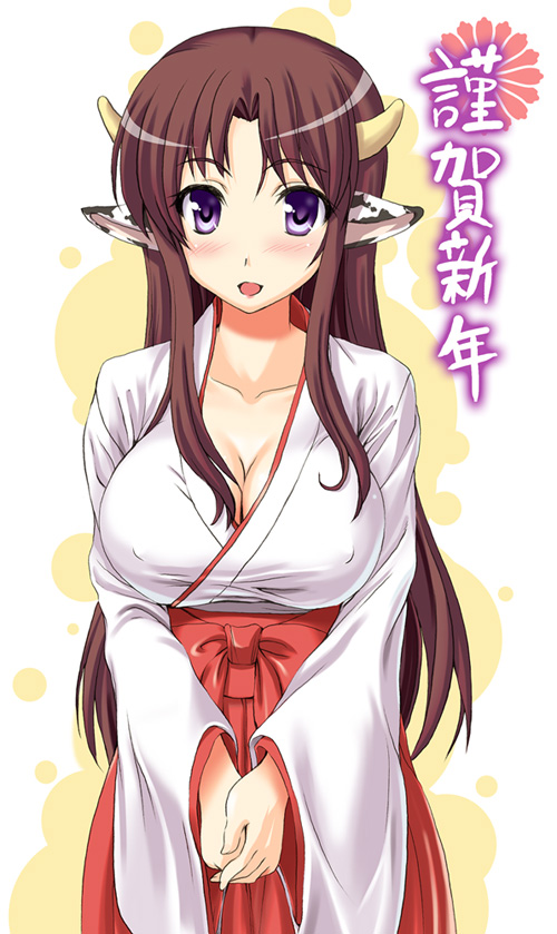 kawase seiki, 1girl, animal ears, blush, breasts, brown hair, cleavage, covered erect nipples, cow ears, cow girl, female focus, hakama, hakama skirt, horns, japanese clothes, large breasts, long hair, looking at viewer, miko, new year, own hands together, purple eyes, red hakama, skirt, smile, solo