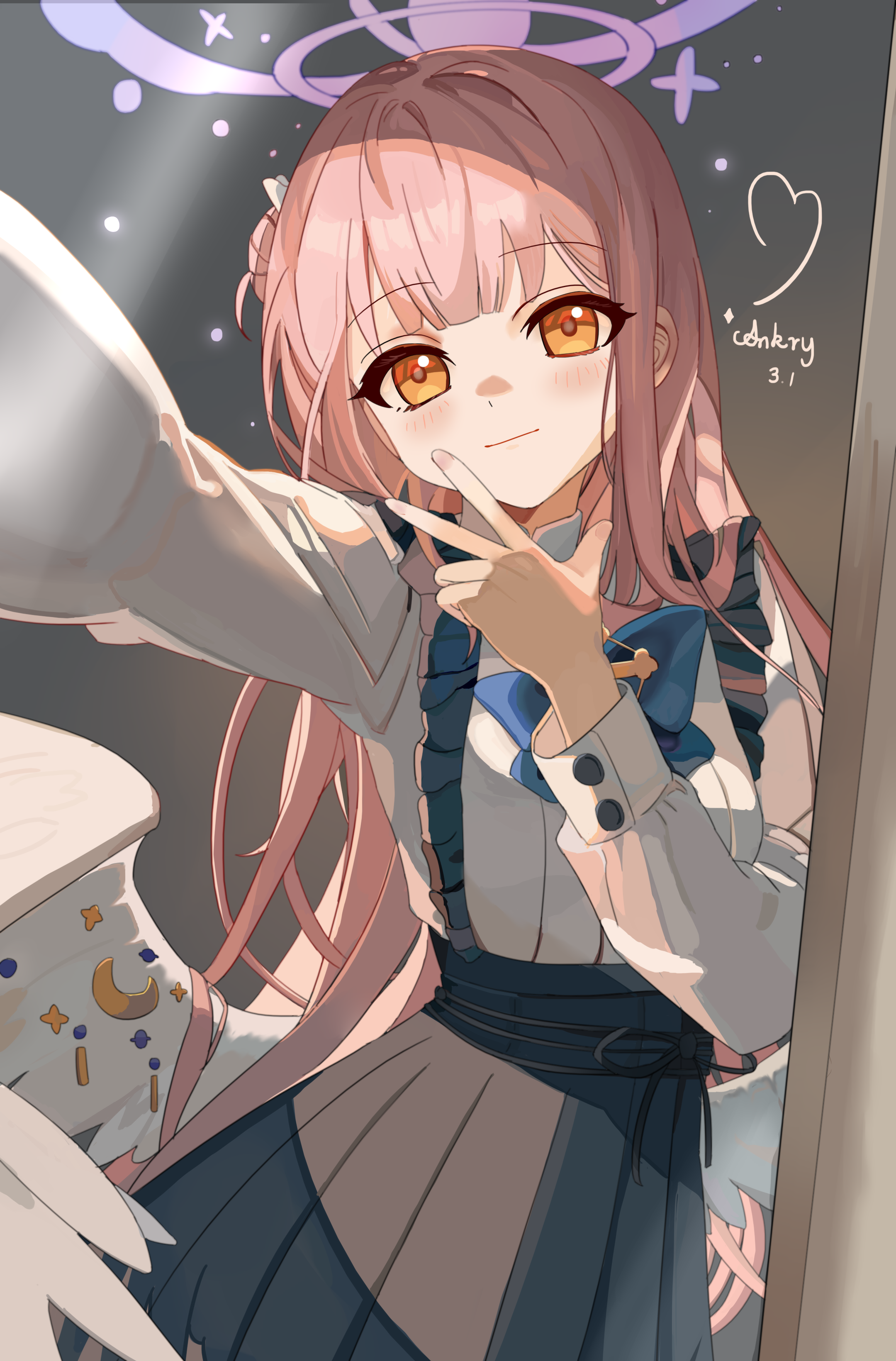 ankry, mika (blue archive), blue archive, absurdres, chinese commentary, commentary request, highres, 1girl, alternate costume, artist name, black skirt, blue bow, blue bowtie, blunt bangs, blush, bow, bowtie, casual, closed mouth, collared shirt, cowboy shot, crescent ornament, feathered wings, fingernails, frilled suspenders, frills, full-length mirror, hair bun, hair over shoulder, halo, hand up, heart, high-waist skirt, long hair, long skirt, long sleeves, looking at mirror, looking at viewer, low wings, mirror, orange eyes, outstretched arm, pink hair, pink halo, pleated skirt, selfie, shirt, single side bun, skirt, smile, solo, sparkle, straight hair, suspender skirt, suspenders, v, very long hair, white shirt, white wings, wings