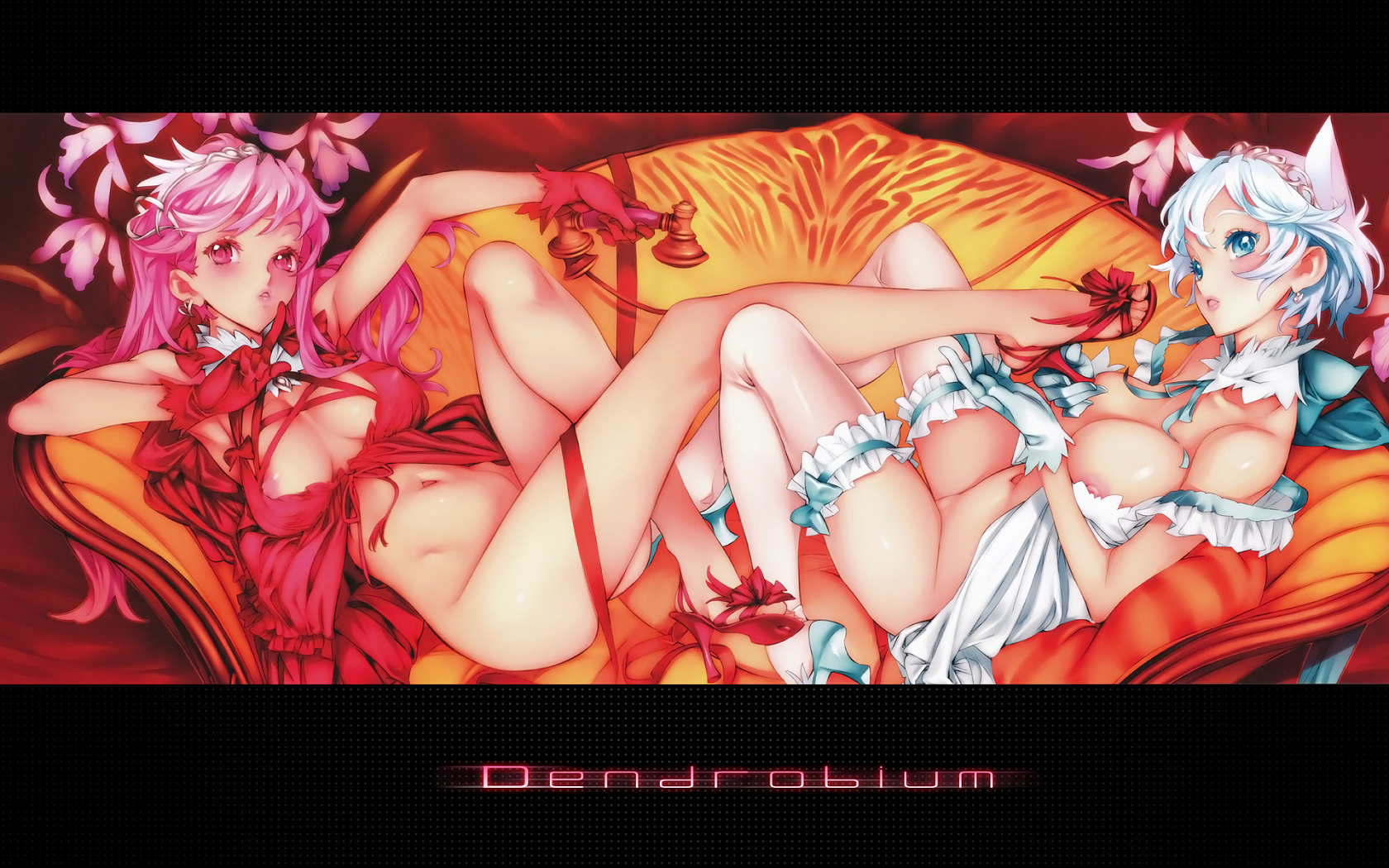 nishieda, azalea (nishieda), violet (nishieda), dendrobium, original, blue footwear, frilled legwear, red footwear, highres, long image, wide image, 2girls, animal ears, areola slip, azalu00e9e, bare legs, bare shoulders, blue eyes, bottomless, breasts, camisole, chemise, choker, cleavage, copyright name, corded phone, couch, earrings, feet, flower, gloves, hands on feet, high heel sandals, high heels, holding with feet, jewelry, knees up, large breasts, letterboxed, lingerie, long hair, lying, medium breasts, midriff, multiple girls, nipple slip, nipples, on couch, open shoes, phone, pink eyes, pink hair, reclining, red gloves, red ribbon, ribbon, sandals, shoes, short hair, strap slip, thighhighs, toes, underwear, underwear only, white hair, yuri