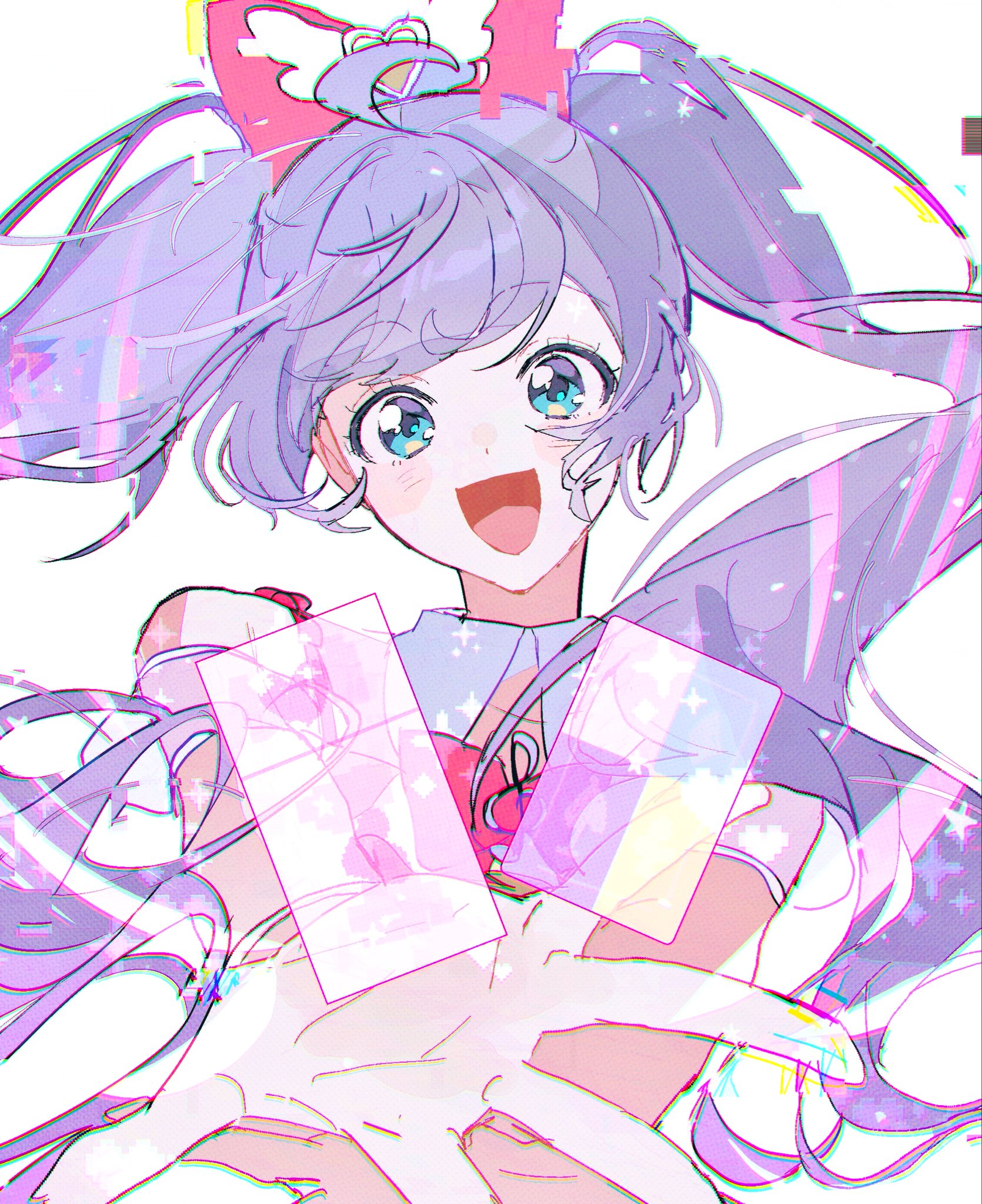 lrprr, manaka laala, pretty series, pripara, commentary request, highres, 1girl, :d, ahoge, blue eyes, bow, floating hair, hair bow, hands up, long hair, looking at viewer, object floating above hand, open mouth, outstretched arms, pink bow, priticket, purple hair, smile, solo, treble clef, twintails, upper body, white background