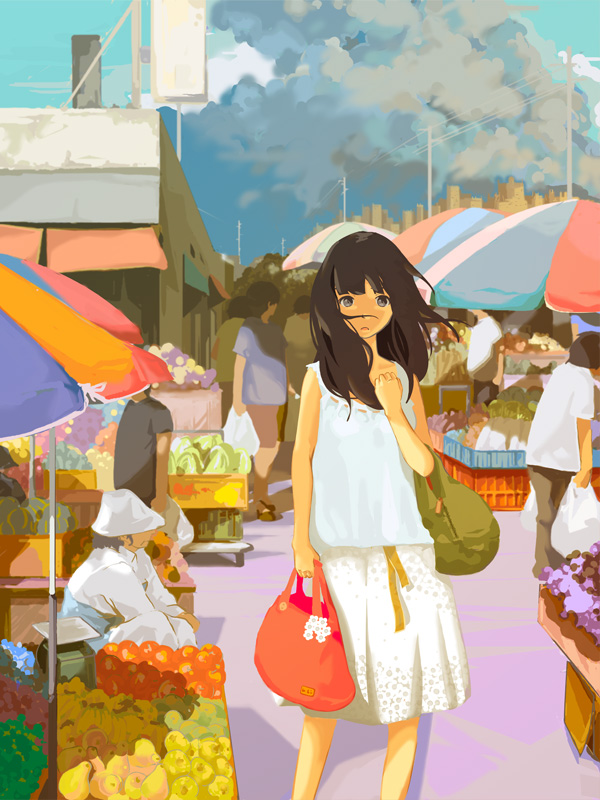 kuchibiru (lipblue), original, bad id, bad pixiv id, md5 mismatch, resolution mismatch, 1girl, bag, beach umbrella, black hair, blunt bangs, cloud, dark cloud, day, facing viewer, feet out of frame, food, fruit, long hair, looking at viewer, market, open mouth, outdoors, pear, shirt, sitting, skirt, sky, sleeveless, sleeveless shirt, solo focus, standing, umbrella, white skirt