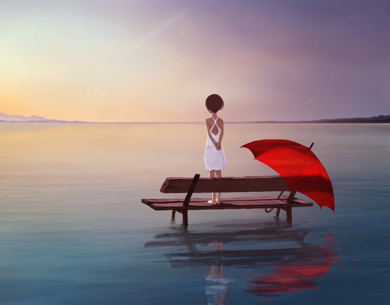 kuchibiru (lipblue), original, bad id, bad pixiv id, 1girl, arms behind back, barefoot, bench, brown hair, dress, female focus, from behind, horizon, rainbow, reflection, reflective water, scenery, short hair, sky, solo, standing, twilight, umbrella, water