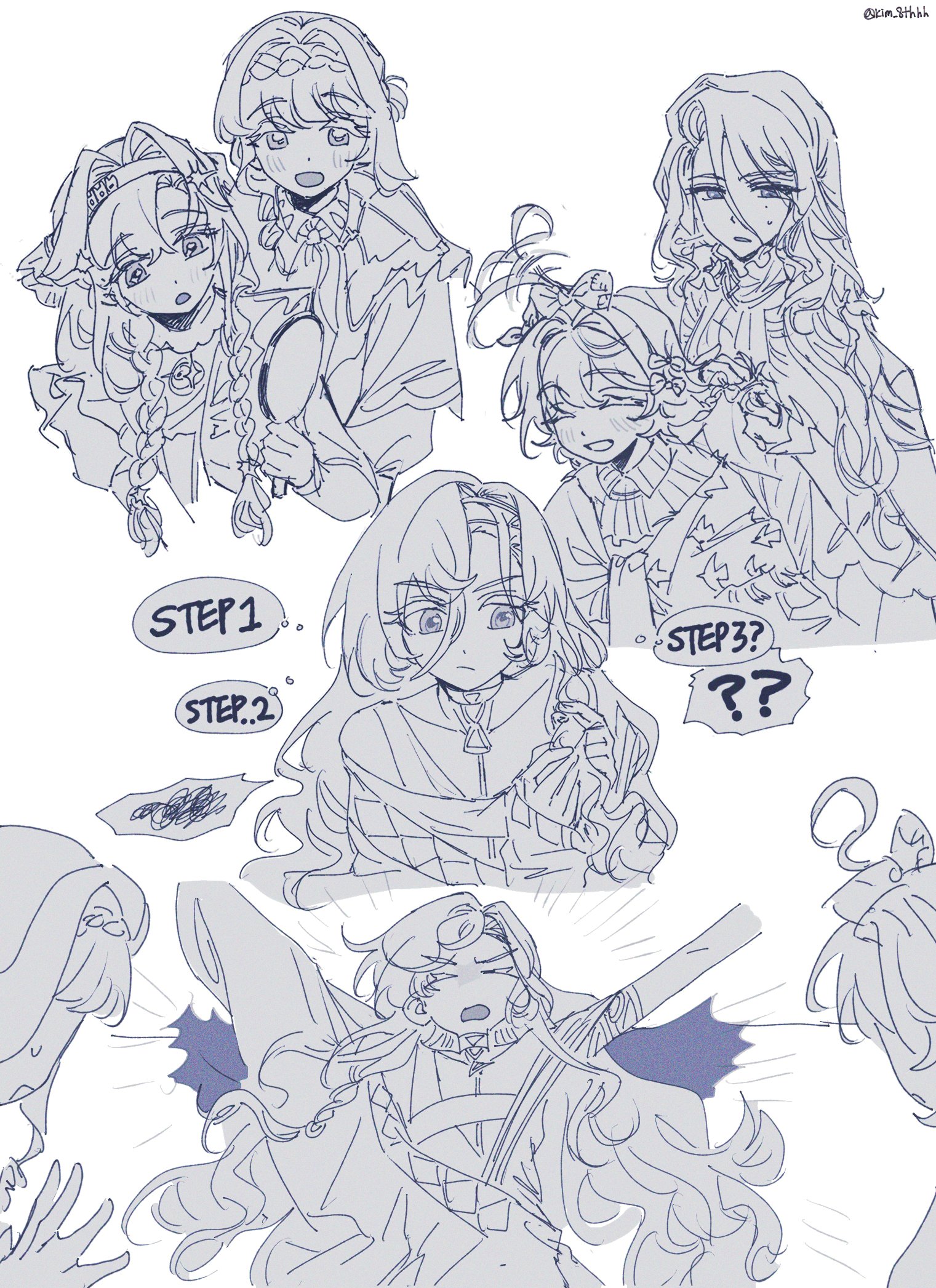kim 8thhh, 37 (reverse:1999), flutterpage, voyager (reverse:1999), willow (reverse:1999), reverse:1999, highres, 5girls, :/, :d, :o, ?, ??, ^ ^, adjusting another's hair, ancient greek clothes, arms up, bow, braid, braided bangs, closed eyes, cropped torso, english text, greco-roman clothes, greyscale, hair bow, hair intakes, hand mirror, hands up, high collar, holding, holding mirror, holding own hair, kiperina, long hair, looking at mirror, mirror, monochrome, multiple girls, multiple hair bows, multiple views, neckerchief, open mouth, school uniform, short hair, smile, soviet school uniform, speech bubble, spoken question mark, spoken squiggle, squiggle, thought bubble, toga, tying another's hair, upper body, very long hair, white background