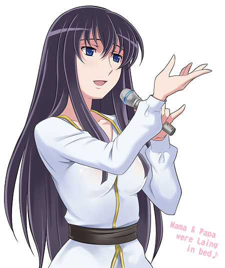 maruto!, marina ismail, gundam, gundam 00, 00s, 1girl, english text, engrish text, female focus, microphone, ranguage, simple background, solo