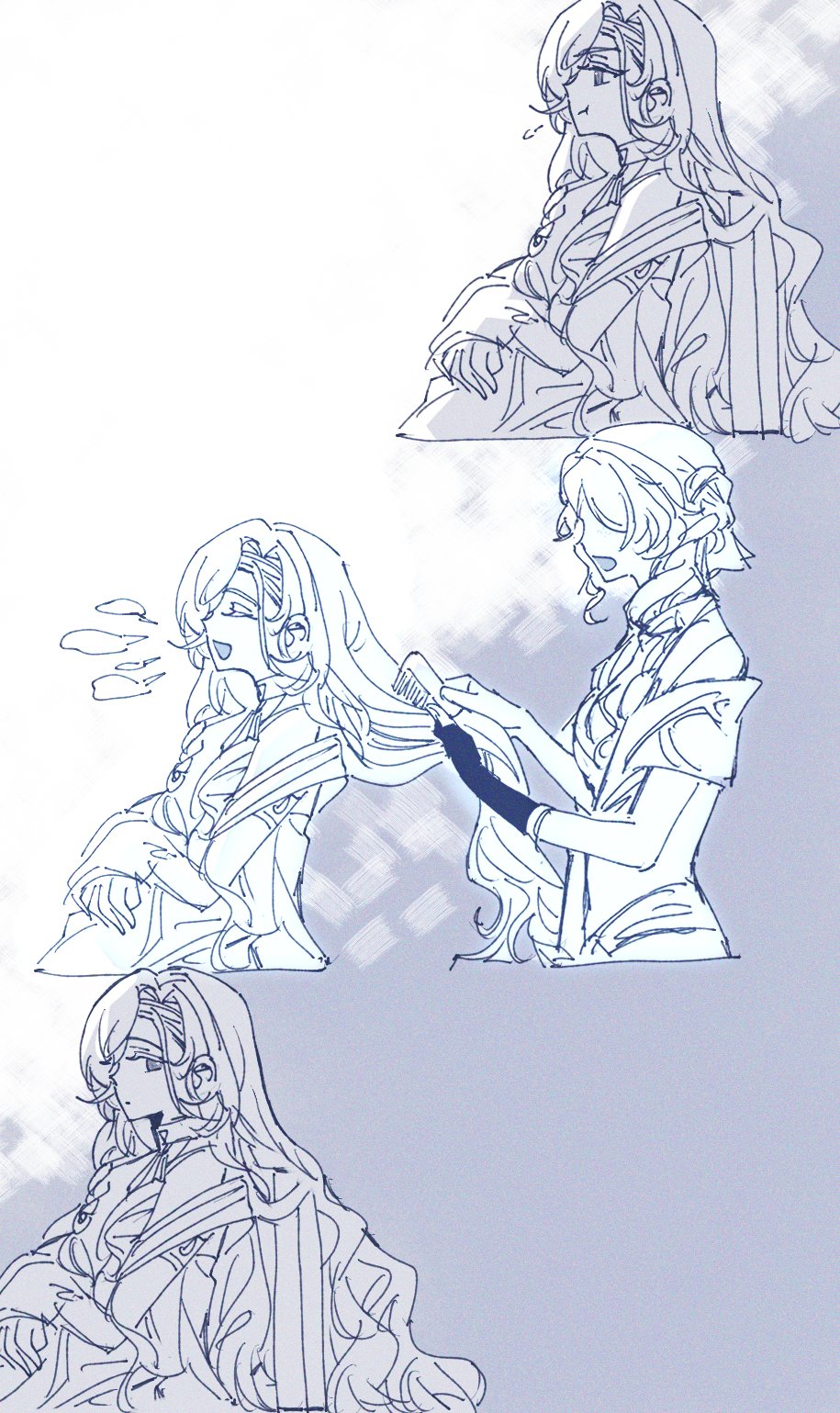 kim 8thhh, 37 (reverse:1999), sophia (reverse:1999), reverse:1999, highres, 2girls, :t, ^ ^, ancient greek clothes, blank speech bubble, brushing another's hair, brushing hair, closed eyes, comb, cropped torso, from side, greco-roman clothes, grey background, greyscale, holding, holding another's hair, holding comb, long hair, looking to the side, monochrome, multiple girls, multiple views, open mouth, profile, puff of air, speech bubble, toga, two-tone background, upper body, very long hair, white background