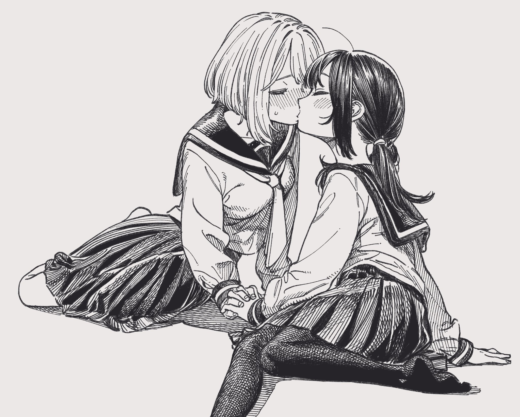 hantsuki (ichigonichiya), original, commentary request, highres, 2girls, blush, closed eyes, couple, greyscale, holding hands, interlocked fingers, kiss, long hair, long sleeves, monochrome, multiple girls, neckerchief, no shoes, nose blush, pantyhose, pleated skirt, ponytail, sailor collar, school uniform, serafuku, shirt, short hair, sidelocks, simple background, sitting, skirt, white background, yuri