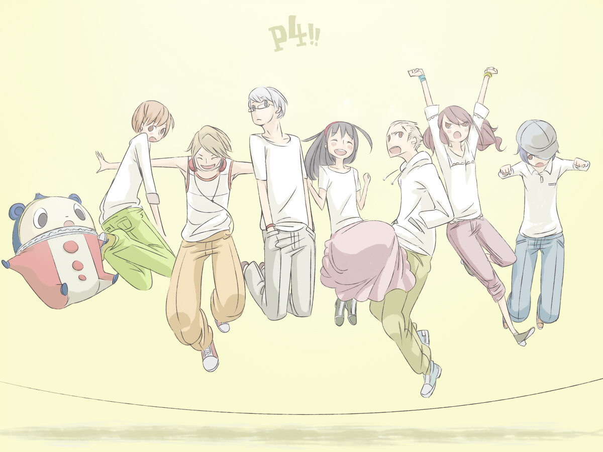 arabahama, amagi yukiko, hanamura yousuke, kujikawa rise, kuma (persona 4), narukami yu, satonaka chie, shirogane naoto, tatsumi kanji, atlus, persona, persona 4, 3boys, 4girls, alternate costume, casual, glasses, hat, jump rope, multiple boys, multiple girls