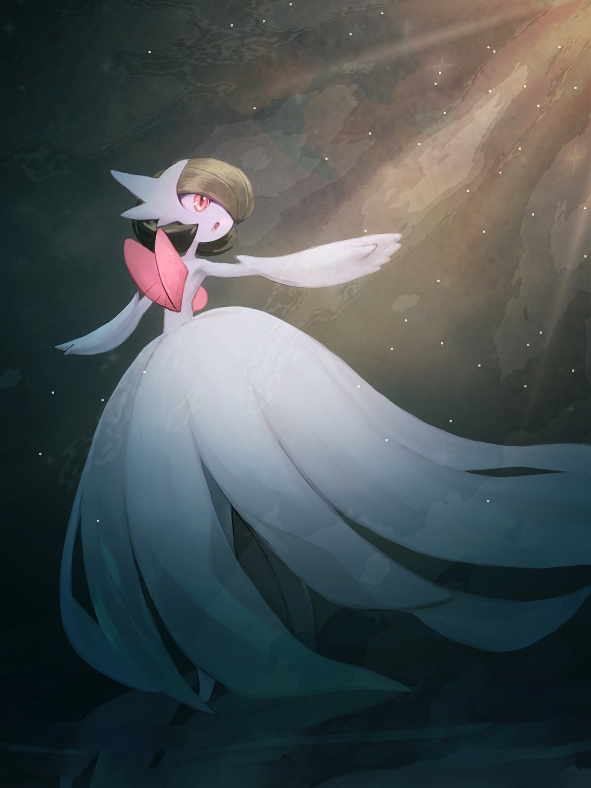 gardevoir, mega gardevoir, nintendo, pokemon, highres, 1other, bob cut, colored skin, dress, elbow gloves, gen 3 pokemon, gloves, green hair, hair over one eye, mega pokemon, open mouth, pokemon (creature), pokemon focus, red eyes, strapless, strapless dress, topple33, white dress, white skin