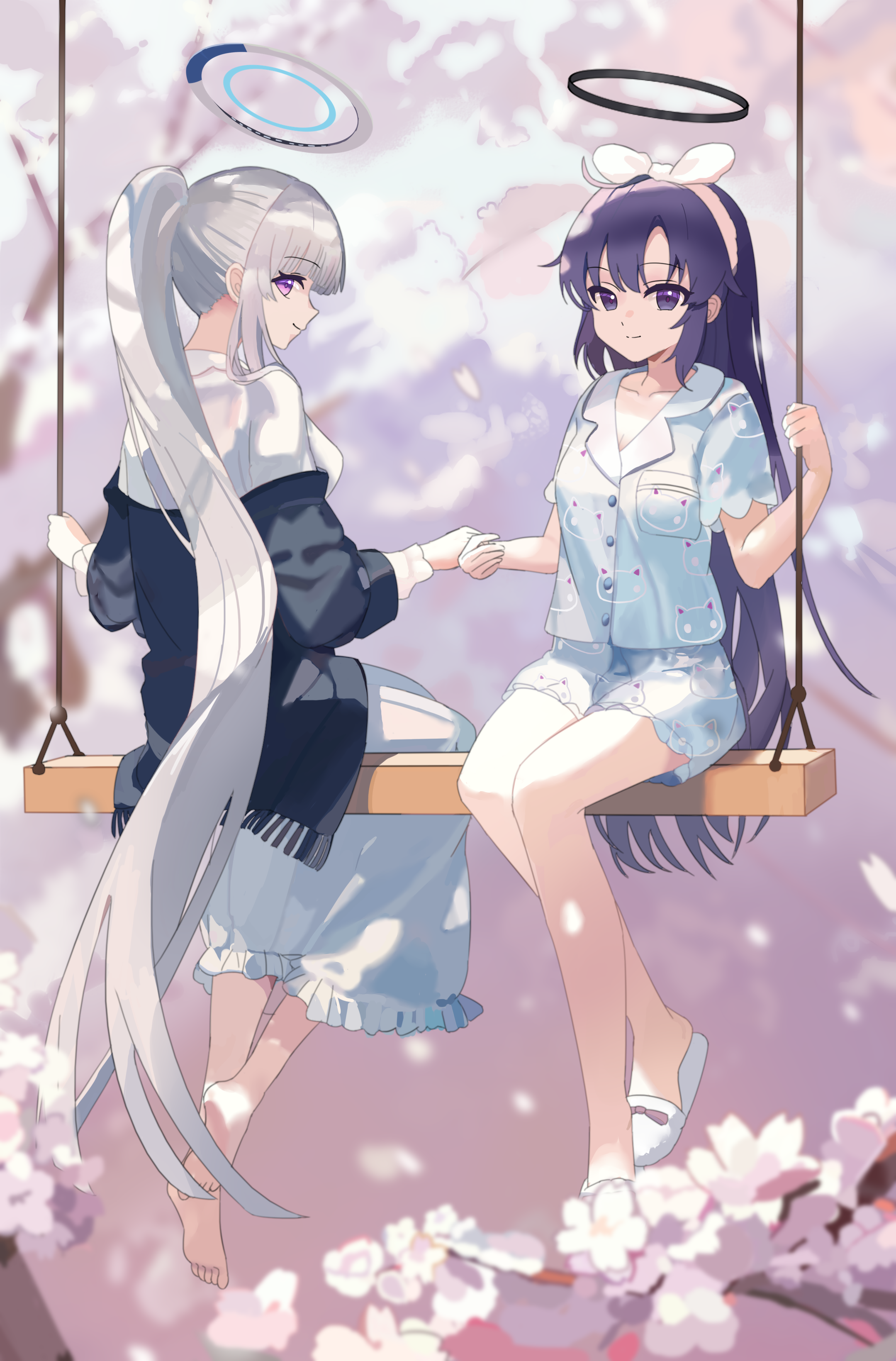 ankry, noa (blue archive), noa (pajamas) (blue archive), yuuka (blue archive), yuuka (pajamas) (blue archive), blue archive, absurdres, chinese commentary, commentary request, highres, 2girls, absurdly long hair, animal print, barefoot, black halo, blue eyes, blue pajamas, blue shirt, blue shorts, blunt bangs, blurry, bow, bow hairband, cat print, cherry blossoms, closed mouth, cowlick, dappled sunlight, day, depth of field, falling petals, feet, footwear bow, frilled pajamas, frills, full body, hair between eyes, hair down, hair over shoulder, hairband, halo, hands up, hat, hat bow, holding hands, knees together feet apart, long hair, long sleeves, looking at viewer, looking back, mechanical halo, multiple girls, nightgown, official alternate costume, official alternate hairstyle, on swing, outdoors, pajamas, petals, pink bow, ponytail, print pajamas, profile, purple eyes, purple hair, shirt, short sleeves, shorts, sidelocks, sideways glance, sitting, slippers, smile, soles, split mouth, spring (season), straight hair, sunlight, swing, toes, very long hair, white bow, white hair, white hairband, white halo, white nightgown, white pajamas, white slippers