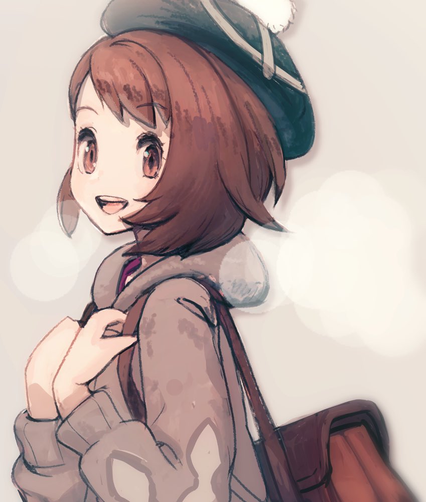 gloria (pokemon), nintendo, pokemon, pokemon swsh, 1girl, brown bag, brown eyes, brown hair, cardigan, dress, green hat, grey cardigan, hat, hood, hooded cardigan, long sleeves, open mouth, pink dress, short hair, simple background, smile, solo, tam o' shanter, teeth, topple33, upper body, upper teeth only