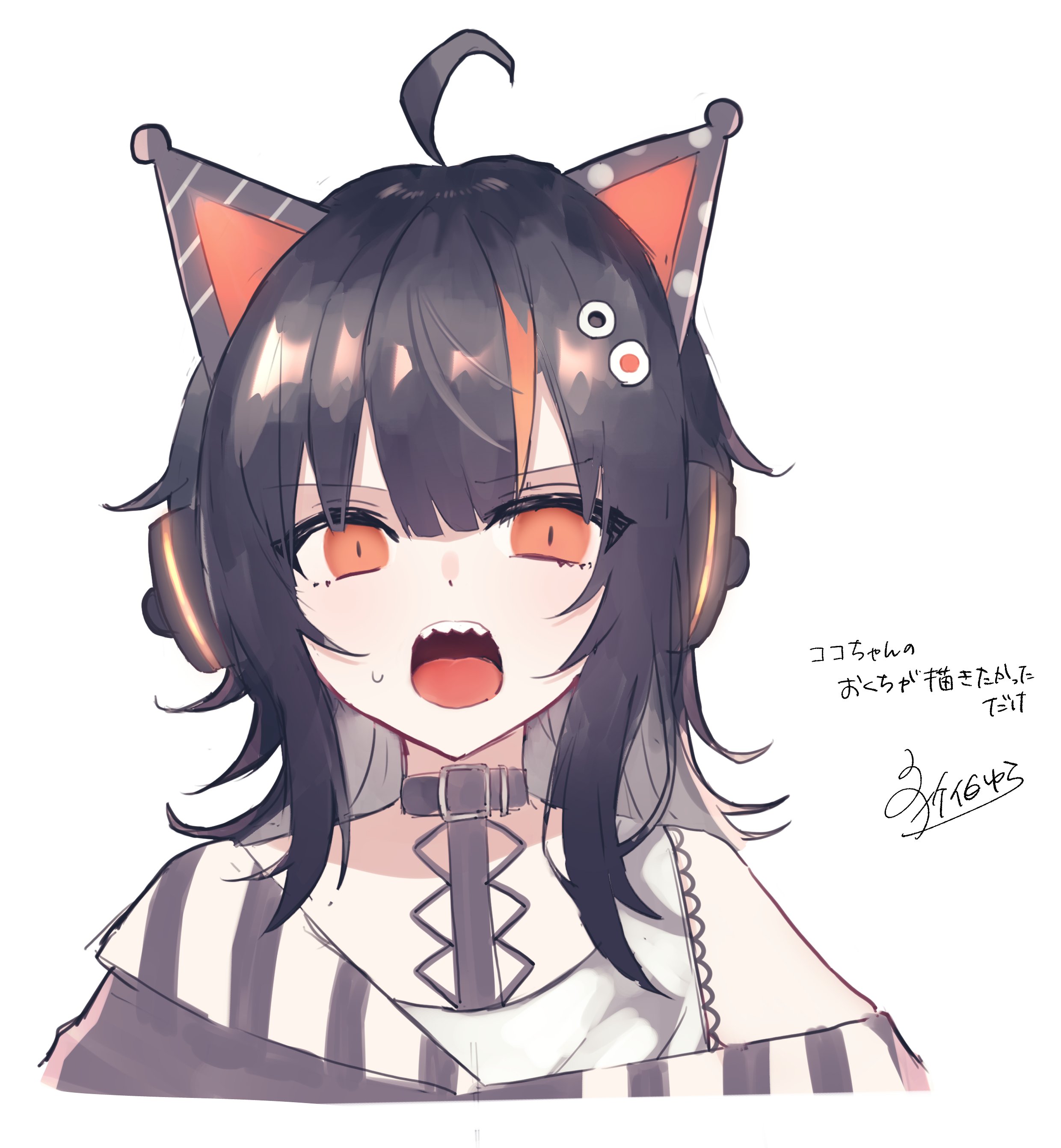sawatari coco, mahou shoujo no majo saiban, absurdres, commentary request, highres, translation request, 1girl, ahoge, animal ear headphones, animal ears, black collar, black hair, cat ear headphones, cat ears, collar, fake animal ears, headphones, inoha yura, long hair, looking at viewer, magical girl, multicolored hair, open mouth, sharp teeth, simple background, solo, sweatdrop, teeth, upper body, white background