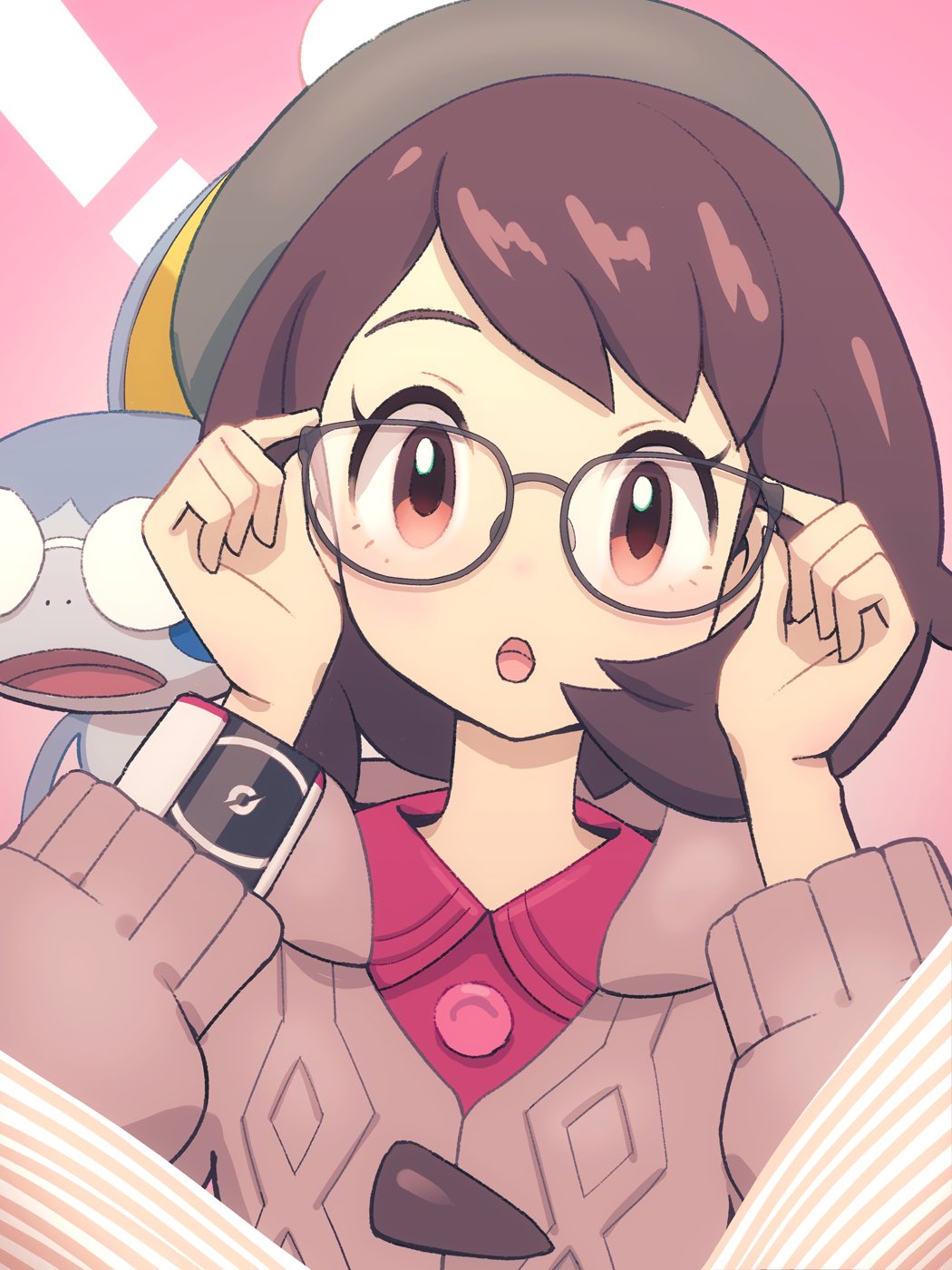 gloria (pokemon), sobble, nintendo, pokemon, pokemon swsh, highres, 1girl, blush, brown eyes, brown hair, cardigan, dress, gen 8 pokemon, glasses, green hat, grey cardigan, hat, hood, long sleeves, looking at viewer, open mouth, pink dress, pokemon (creature), short hair, tam o' shanter, topple33, upper body