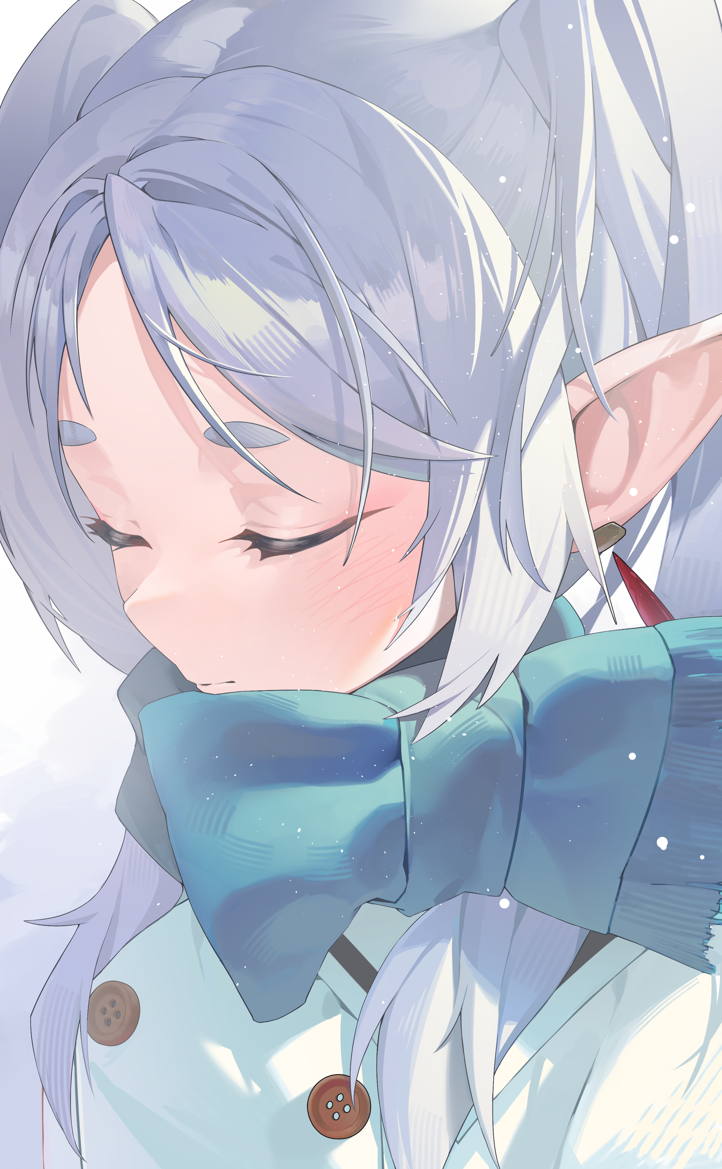 nabenyaa, frieren, sousou no frieren, absurdres, commentary, highres, 1girl, blue scarf, blush, closed eyes, closed mouth, coat, double-parted bangs, earrings, elf, jewelry, long hair, pointy ears, scarf, sidelocks, solo, twintails, white coat, white hair