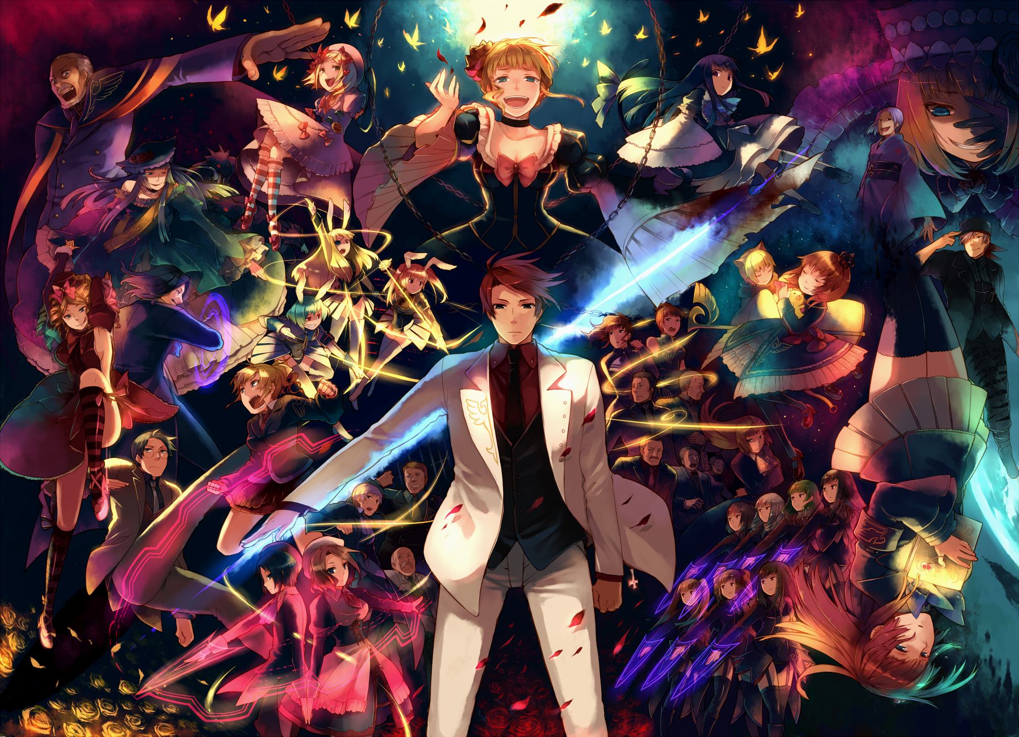 hanokage, asmodeus (umineko), beatrice (umineko), beelzebub (umineko), belphegor (umineko), chiester00, chiester410, chiester45, chiester sisters, eva beatrice, frederica bernkastel, gaap (umineko), goatman (umineko), gouda toshirou, kanon (umineko), lambdadelta, leviathan (umineko), lucifer (umineko), mammon (umineko), maria (umineko), nanjou terumasa, ronove (umineko), sakutarou (umineko), satan (umineko), shannon (umineko), stakes of purgatory, sumadera kasumi, ushiromiya ange, ushiromiya battler, ushiromiya eva, ushiromiya george, ushiromiya hideyoshi, ushiromiya jessica, ushiromiya kinzou, ushiromiya krauss, ushiromiya kyrie, ushiromiya maria, ushiromiya natsuhi, ushiromiya rosa, virgilia (umineko), 07th expansion, no naku koro ni (series), umineko no naku koro ni, highres, 00s, 6+boys, 6+girls, absolutely everyone, animal ears, aqua hair, armband, back-to-back, battle, black hair, blonde hair, blue eyes, blue hair, book, bow, breasts, brown eyes, brown hair, bug, butterfly, chain, closed eyes, coat, crown, dress, drill hair, epic, everyone, eyepatch, facial hair, flower, flying, footwear ribbon, formal clothes, frills, glasses, gloves, green hair, hair bobbles, hair bow, hair ornament, hat, holding hands, insect, jacket, japanese clothes, kimono, long hair, mary janes, mini hat, mini top hat, monocle, multiple boys, multiple girls, mustache, necktie, orange hair, panties, petals, pink hair, ponytail, purple eyes, rabbit ears, red eyes, red hair, ribbon, ringlets, sash, scarf, scepter, shoes, short hair, showgirl skirt, sideboob, thighhighs, tongue, top hat, twintails, underwear, upside-down, weapon, white hair, zettai ryouiki