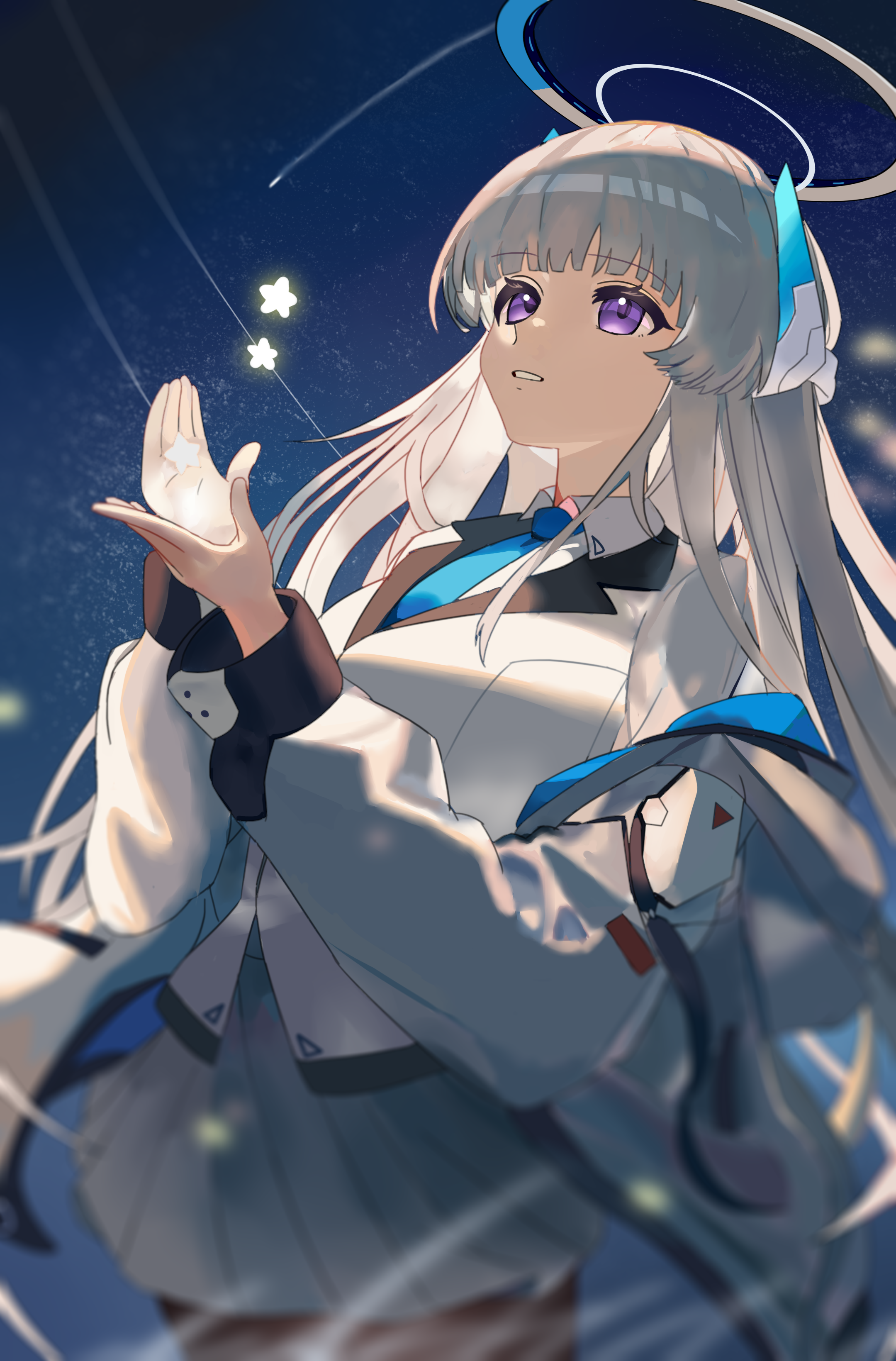ankry, noa (blue archive), blue archive, absurdres, chinese commentary, commentary request, highres, 1girl, blue necktie, blunt bangs, collared shirt, cowboy shot, floating hair, formal clothes, halo, hands up, headgear, holding, holding star, jacket, jacket partially removed, long hair, long sleeves, looking up, mechanical halo, meteor shower, miniskirt, necktie, night, night sky, open clothes, open jacket, outdoors, parted lips, pleated skirt, puffy long sleeves, puffy sleeves, purple eyes, school uniform, shirt, skirt, sky, solo, star (symbol), straight hair, suit, underlighting, very long hair, white hair, white halo, white jacket, white shirt, white skirt, white suit
