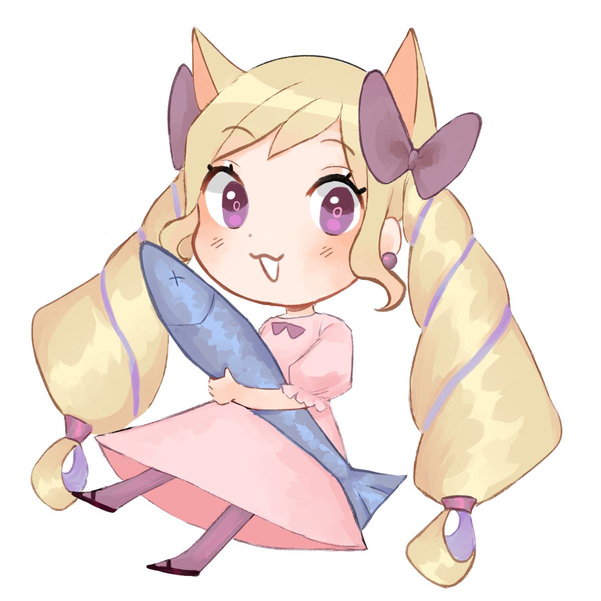 elise (fire emblem), fire emblem, fire emblem fates, nintendo, commentary, commission, english commentary, highres, 1girl, animal, blonde hair, bow, dress, drill hair, fish, hair bow, holding, holding animal, holding fish, long hair, pink dress, purple eyes, purple hair, solo, twin drills, twintails, yun (fyunz)
