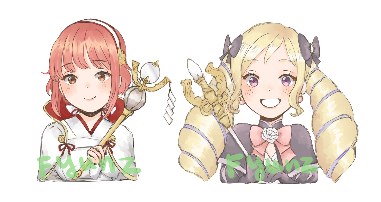 elise (fire emblem), sakura (fire emblem), fire emblem, fire emblem fates, nintendo, 2girls, blonde hair, hairband, japanese clothes, looking at viewer, multiple girls, pink eyes, pink hair, purple eyes, short hair, staff, white hairband, yun (fyunz)