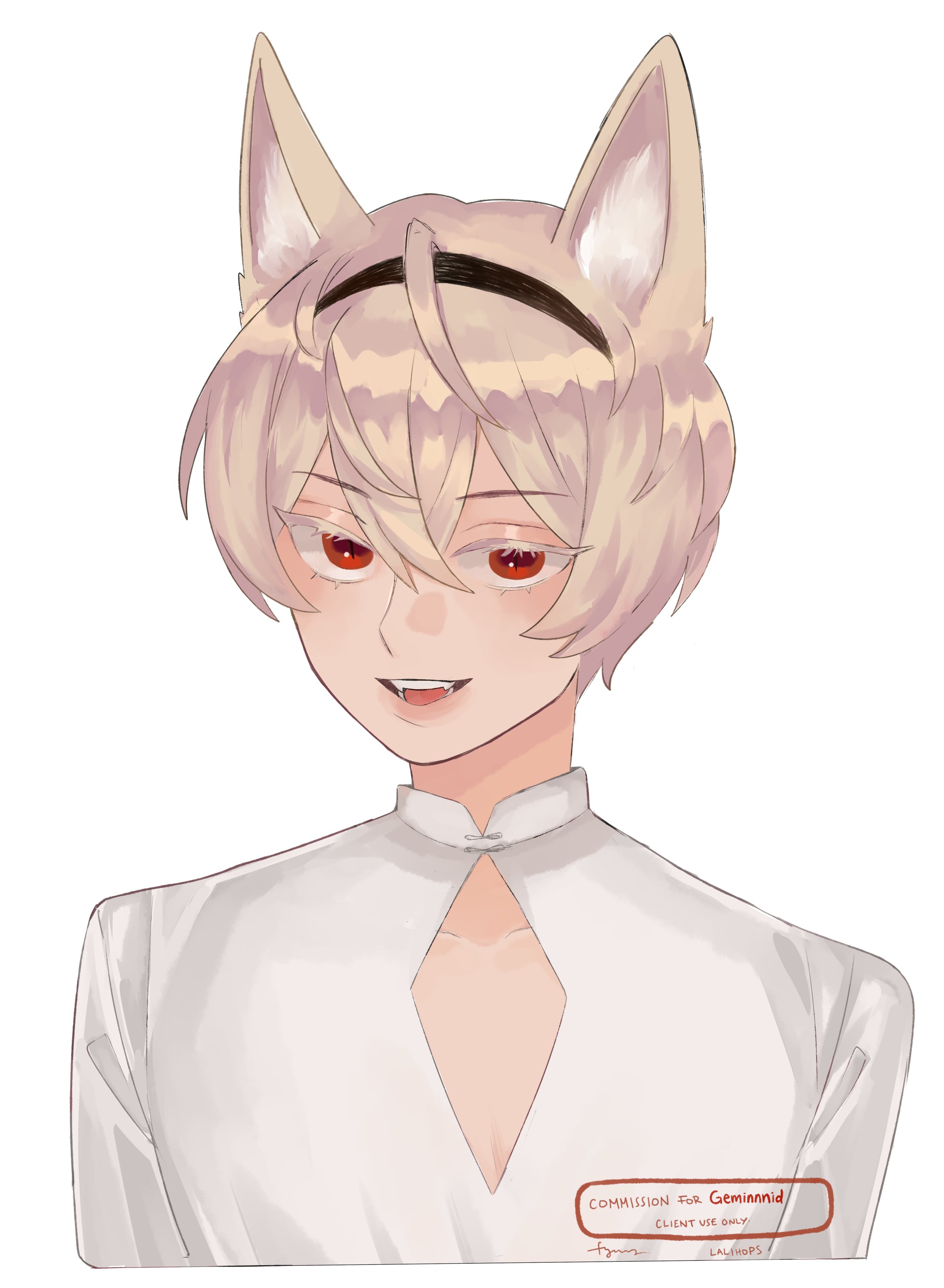leo (fire emblem fates), fire emblem, fire emblem fates, nintendo, absurdres, commission, highres, 1boy, animal ears, blonde hair, cat boy, cat ears, hairband, male focus, open mouth, red eyes, short hair, solo, yun (fyunz)