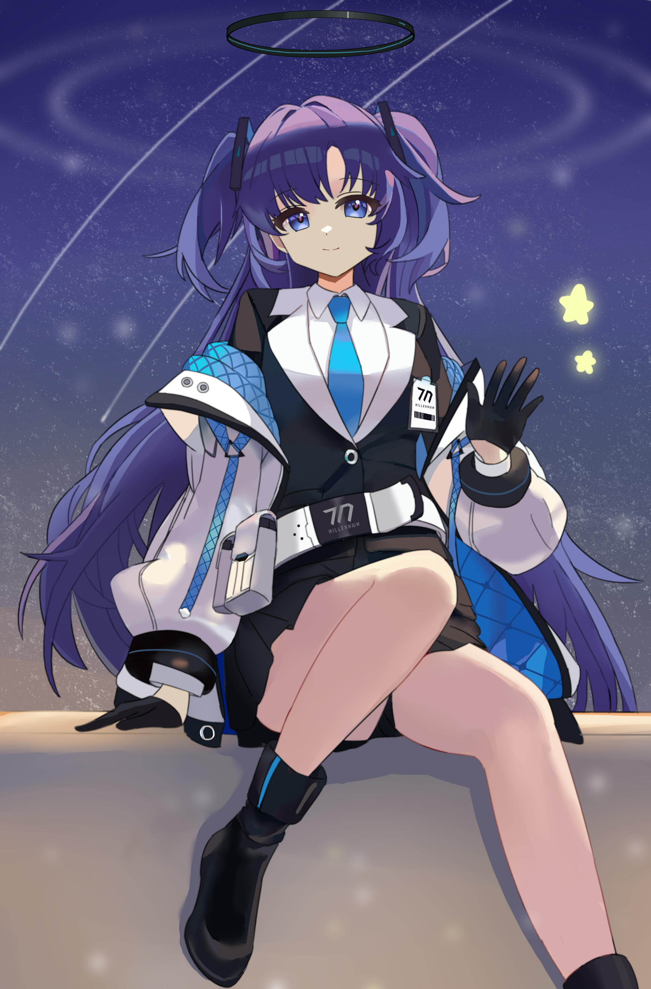 ankry, yuuka (blue archive), blue archive, absurdres, chinese commentary, commentary request, highres, 1girl, belt, black boots, black gloves, black halo, black skirt, black suit, blue eyes, blue nails, boots, closed mouth, collared shirt, foot out of frame, formal clothes, gloves, hair between eyes, hair intakes, hair ornament, half gloves, halo, hand up, id card, jacket, jacket partially removed, knee up, long hair, long sleeves, looking at viewer, mechanical halo, meteor shower, millennium science school logo, miniskirt, night, night sky, open clothes, open jacket, outdoors, pink pupils, pleated skirt, purple hair, school uniform, shirt, sidelocks, sitting, skirt, sky, smile, solo, split mouth, star (sky), star (symbol), starry sky, suit, triangle hair ornament, two side up, very long hair, waving, white belt, white jacket, white shirt