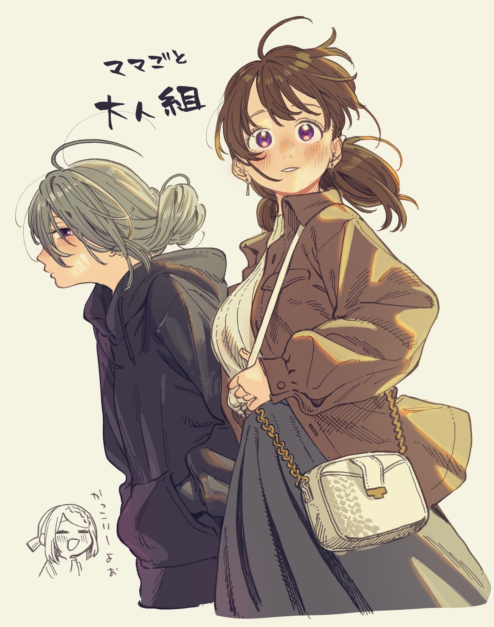 hantsuki (ichigonichiya), original, highres, translation request, 2girls, ahoge, bag, black hoodie, blush, brown coat, brown hair, closed mouth, coat, cropped legs, earrings, grey hair, grey skirt, hands in pockets, hood, hoodie, jewelry, long bangs, long hair, looking to the side, multiple girls, open clothes, open coat, parted lips, purple eyes, shoulder bag, simple background, skirt, smile, standing, sweater, turning head, white background, white sweater