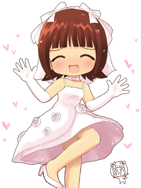 hahifuhe, amami haruka, nonowa, idolmaster, idolmaster (classic), 00s, 1girl, brown hair, chibi, choker, closed eyes, do-dai, dress, elbow gloves, female focus, gloves, short hair, simple background, solo, wedding dress